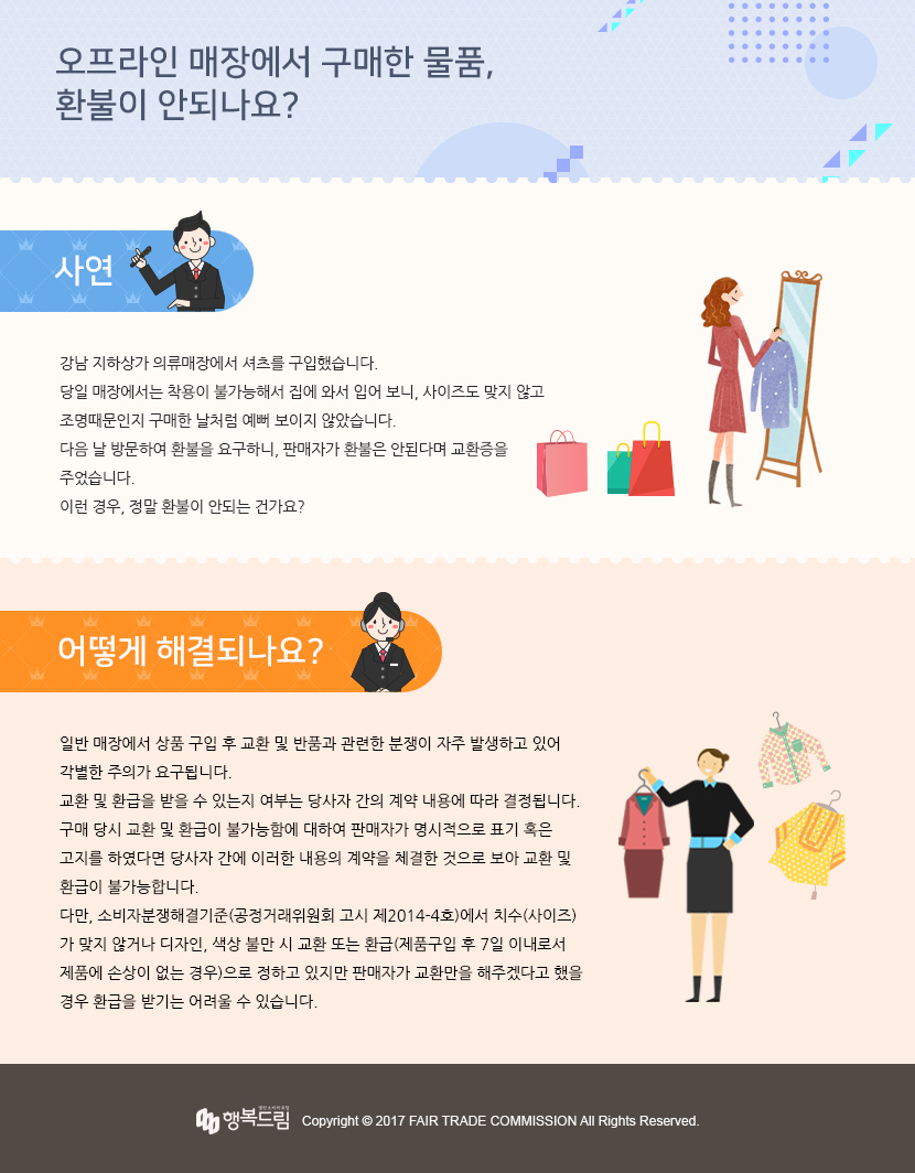 판매자가 발행한 교환증으로 환불 받을 수 있나요?  사연 - 지하상가 의류 매장에서 셔츠를 구입했습니다.  당일 매장에서는 착용이 불가능하여 집에 와서 착용을 해보니 사이즈가 맞지 않았습니다. 다음날 방문하여 환불을 요구했습니다.  그런데 판매자는 환불은 불가능하다며 교환증을 주었습니다.  이러한 경우 환불을 받을 수 있나요?  어떻게 해결되나요?- 일반 매장에서 상품 구입 후 교환 및 반품과 관련한 분쟁이 자주 발생하고 있어 각별한 주의가 요구됩니다.  교환 및 환급을 받을 수 있는지 여부는 당사자 간의 계약 내용에 따라 결정됩니다.  구매 당시 교환 및 환급이 불가능함에 대하여 판매자가 명시적으로 표기 혹은 고지를 하였다면 당사자 간에 이러한 내용의 계약을  체결한 것으로 보아 교환 및 환급이 불가능 합니다.  다만, 소비자분쟁해결기준(공정거래위원회 고시 제2014-4호)에서 치수(사이즈)가 맞지 않거나 디자인, 색상 불만 시 교환 또는  환급(제품구입 후 7일 이내로서 제품에 손상이 없는 경우)으로 정하고 있지만 판매자가 교환만을 해주겠다고 했을 경우 환급을  받기는 어려울 수 있습니다.