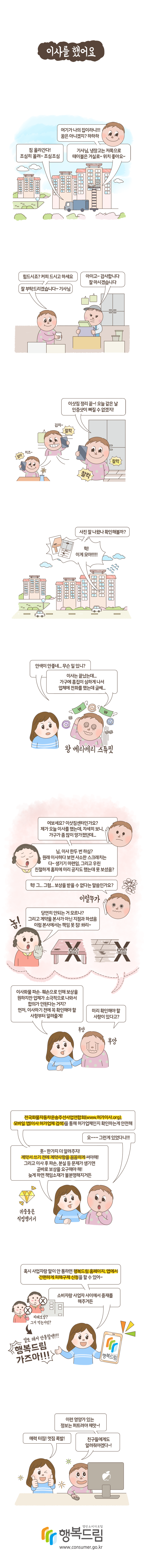 웹툰으로 보는 사례[이사를 했어요] 짐 올라간다! 조심히 올려~조심조심 여기가 나의 집이라니!!! 꿈은 아니겠지? 하하하. 기사님, 냉장고는 저쪽으로 테이블은 거실로~ 위치 좋아요~ 힘드시죠? 커피 드시고 하세요. 잘 부탁드리겠습니다! 기사님 아이고~ 감사합니다. 잘 마시겠습니다. 이사침 정리 끝~! 오늘 같은 날 인증샷이 빠질 수 없겠지! 사진 잘 나왔나 확인해볼까? 헉! 이게 모야!!!!! 안색이 안좋네...무슨 일 있니? 이사는 끝났는데... 가구에 흠집이 심하게 나서 업체에 전화를 했는데 글쎄... 여보세요? 이삿짐센터인가요? 제가 오늘 이사를 했는데, 자세히 보니, 가구가 좀 많이 망가졌던데... 님, 이사 한두 번 하심? 원래 이사하다 보면 사소한 스크래치는 다~ 생기기 마련임, 그리고 우린 친절하게 홈피에 미리 공지도 했는데 못 보셨음? 헉!그...그럼...보상을 받을 수 없다는 말씀인가요? 당연히 안되는 거 모르나? 그리고 계약을 본사가 아닌 지점과 하셨음. 이럼 본사에서는 책임 못 짐! 쏴리~ 이사화물 파손·훼손으로 인해 보상을 원하지만 업체가 소극적으로 나와서 합의가 안된다는 거지? 먼저, 이사하기 전에 꼭 확인해야 할 사항부터 알려줄게! 미리 확인해야 할 사항이 있다고? 전국화물자동차운송주선사업연합회(www.허가이사.org), 모바일 앱(이사 허가업체 검색)을 통해 허가업체인지 확인하는게 안전해 오~~~ 그런게 있었다니!!! 훗~ 한가지 더 알려주지! 계약서 쓰기 전에 계약사항을 꼼꼼하게 써야해! 그리고 이사 후 파손, 분실 등 문제가 생기면 곧바로 보상을 요구해야 해! 늦게 하면 책임소재가 불분명해지거든 혹시 사업자랑 말이 안 통하면 행복드림 홈페이지, 앱에서 간편하게 피해구제 신청을 할 수 있어~ 소비자랑 사업자 사이에서 중재를 해주거든 매력터짐! 멋짐 폭발! 이런 영양가 있는 정보는 퍼트려야 제맛~! 친구들에게도 알려줘야겠다~!