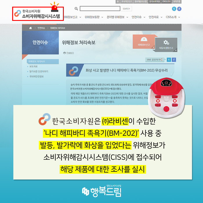 한국소비자원은 ㈜라비센이 수입한 '나디 해피바디 족욕기(BM-202))' 사용 중 발등, 발가락에 화상을 입었다는 위해정보가 소비자위해감시시스템(ciss)에 접수되어 해당 제품에 대한 조사를 실시