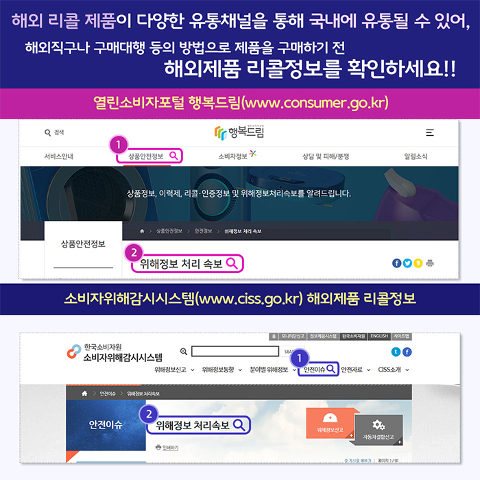 해외 리콜 제품이 다양한 유통채널을 통해 국내에 유통될 수 있어, 해외직구나 구매대행 등의 방법으로 제품을 구매하기 전 해외제품 리콜정보를 확인하세요!! 1.열린소비자포털 행복드림(www.consumer.go.kr) 2.소비자위해감시시스템(www.ciss.go.kr) 해외제품 리콜정보 