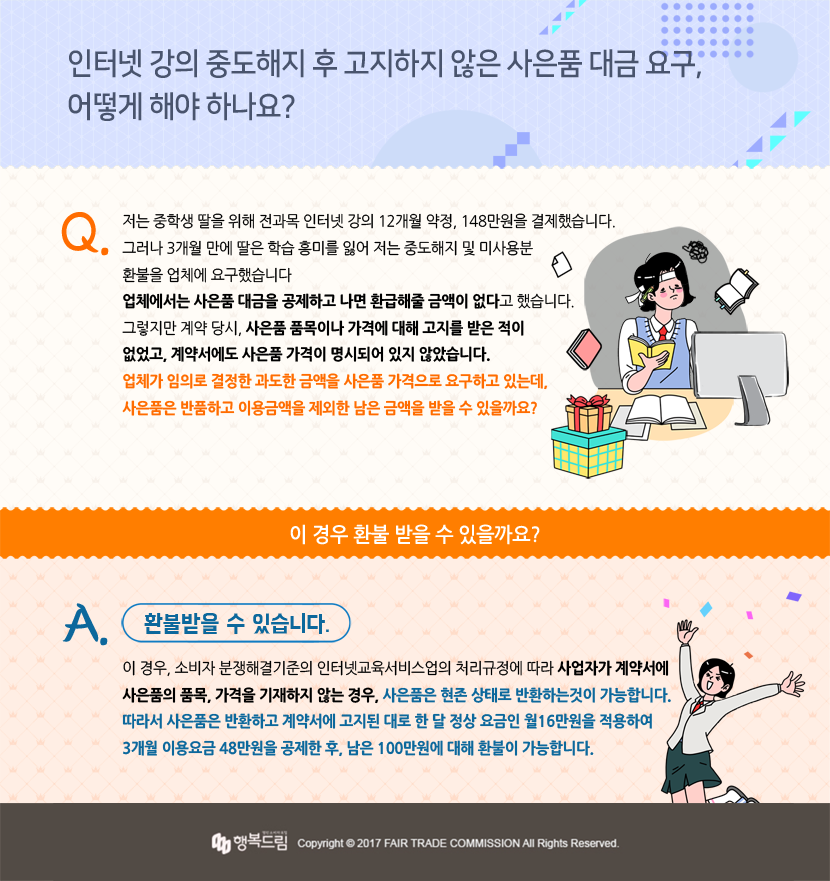 인강 중도해지 후 사은품 대금 요구, 어떻게 해야 하나요?  Q 저는 중학생 딸을 위해 전과목 인터넷 강의 12개월 약정, 148만원을 결제했습니다. 그러나 3개월 만에 딸은 학습 흥미를 잃어 저는 중도해지 및 미사용분  환불을 업체에 요구했습니다. 업체에서는 사은품 대금을 공제하고 나면 환급해줄 금액이 없다고 했습니다. 그렇지만 계약 당시, 사은품 품목이나 가격에 대해 고지를 받은 적이 없었고, 계약서에도 사은품 가격이 명시되어 있지 않았습니다. 업체가 임의로 결정한 과도한 금액을 사은품 가격으로 요구하고 있는데, 사은품은 반품하고 이용금액을 제외한 남은 금액을 받을 수 있을까요?    A 환불받을 수 있습니다. 이 경우, 소비자 분쟁해결기준의 인터넷교육서비스업의 처리규정에 따라 사업자가 계약서에 사은품의 품목, 가격을 기재하지 않는 경우, 사은품은 현존 상태로 반환하는것이 가능합니다. 따라서 사은품은 반환하고 계약서에 고지된 대로 한 달 정상 요금인 월16만원을 적용하여 3개월 이용요금 48만원을 공제한 후, 남은 100만원에 대해 환불이 가능합니다. 