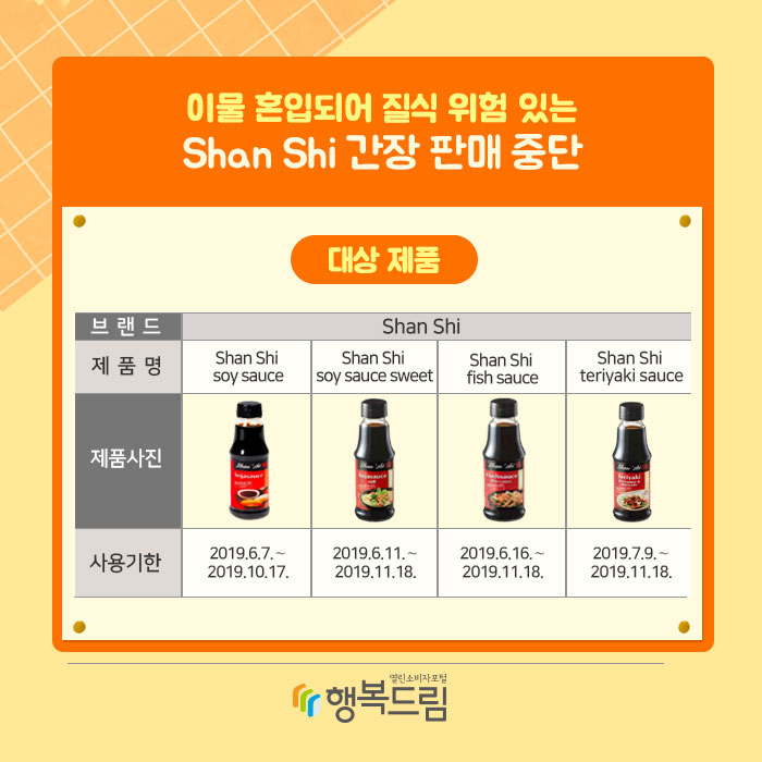 이물 혼입되어 질식 위험 있는 Shan Shi 간장 판매 중단 대상 제품 브랜드:Shan Shi 제품명:Shan Shi soy sauce 제품사진 사용기한:2019.6.7.~2019.10.17. 제품명:Shan Shi soy sauce sweet 제품사진 사용기한:2019.6.11.~2019.11.18. 제품명:Shan Shi fish sauce 제품사진 사용기한:2019.6.16.~2019.11.18. 제품명:Shan Shi teriyaki sauce 제품사진 사용기한:2019.7.9.~2019.11.18.