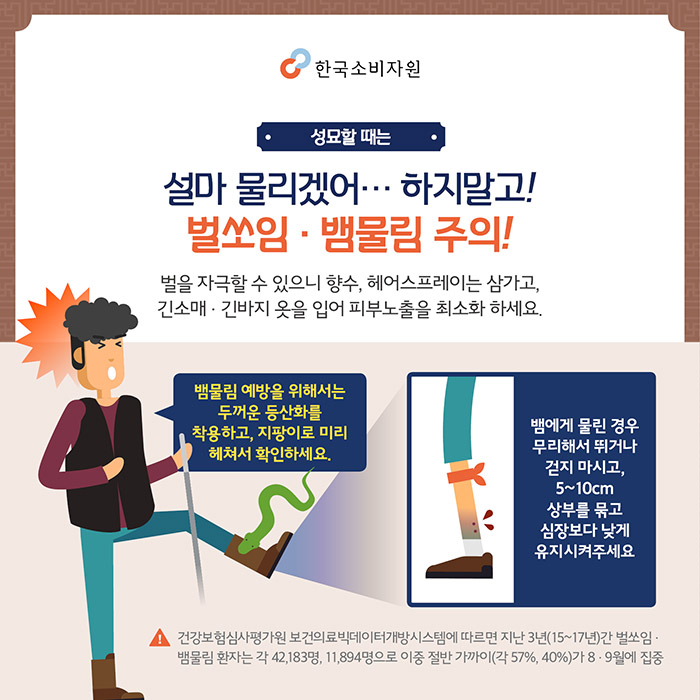 성묘할 때는 설마 물리겠어…하지 말고! 벌쏘임·뱀물림 주의! 벌을 자극할 수 있으니 향수, 헤어스프레이는 삼가고, 긴소매·긴바지 옷을 입어 피부노출을 최소화 하세요. 1.뱀물림 예방을 위해서는 두꺼운 등산화를 착용하고, 지팡이로 미리 헤쳐서 확인하세요. 2.뱀에게 물린 경우 무리해서 뛰거나 걷디 마시고, 5~10cm 상부를 묶고 심장보다 낮게 유지시켜주세요. ※건강보험심사평가원 보건의료빅데이터개방시스템에 따르면 지난 3년(15~17년)간 벌쏘임·뱀물림 환자는 각 42,183명, 11,894명으로 이중 절반 가까이(각 57%, 40%)가 8·9월에 집중