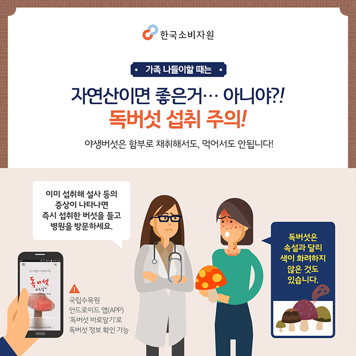 가족 나들이할 때는 자연산이면 좋은거…아니야?! 독버섯 섭취 주의! 야생버섯은 함부로 채취해서도, 먹어서도 안됩니다! 1.이미 섭취해 설사 등의 증상이 나타나면 즉시 섭취한 버섯을 들고 병원을 방문하세요. 2.독버섯은 속설과 달리 색이 화려하지 않은 것도 있습니다. ※국립수목원 안드로이드 앱(APP) '독버섯 바로알기'로 독버섯 정보 확인 가능