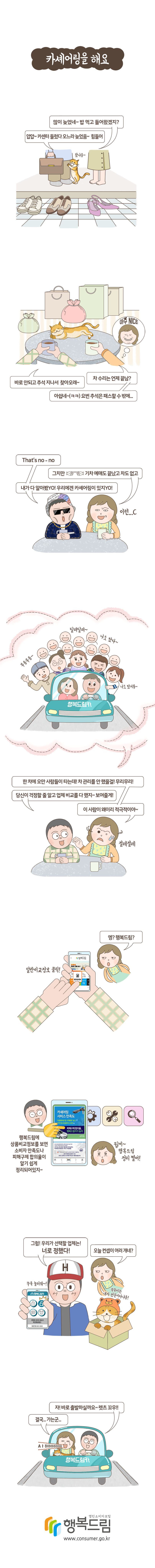 웹툰으로 보는 사례[카셰어링을 해요] 많이 늦었네~ 밥 먹고 들어왔겠지? 얍얍~ 카센터 들렀다 오느라 늦었음~ 힘들어 차 수리는 언제 끝남? 바로 안되고 추석 지나서 찾아오래~ 아쉽네~ 요번 추석은 패스할 수 밖에... That’s no-no 그치만 기차 예매로 끝났고 차도 없고 내가 다 알아봤YO! 우리에겐 카셰어링이 있지YO! 한 차에 오만 사람들이 타는 데! 차 관리를 안했을걸! 무리무리! 당신이 걱정할 줄 알고 업체 비교를 다 했지~ 보여줄게! 이사람이 왜이리 적극적이야~ 엥? 행복드림? 행복드림에 상품비교정보를 보면 소비자 만족도나 피해구제 합의율이 알기 쉽게 정리되어있지~ 뭥미~ 행복드림 정리 쩔어! 그럼! 우리가 선택할 업체는 너로 정했다! 오늘 컨셉이 여러 개네? 자! 바로 출발하실까요~ 렛츠 꼬우!! 결국...가는군...