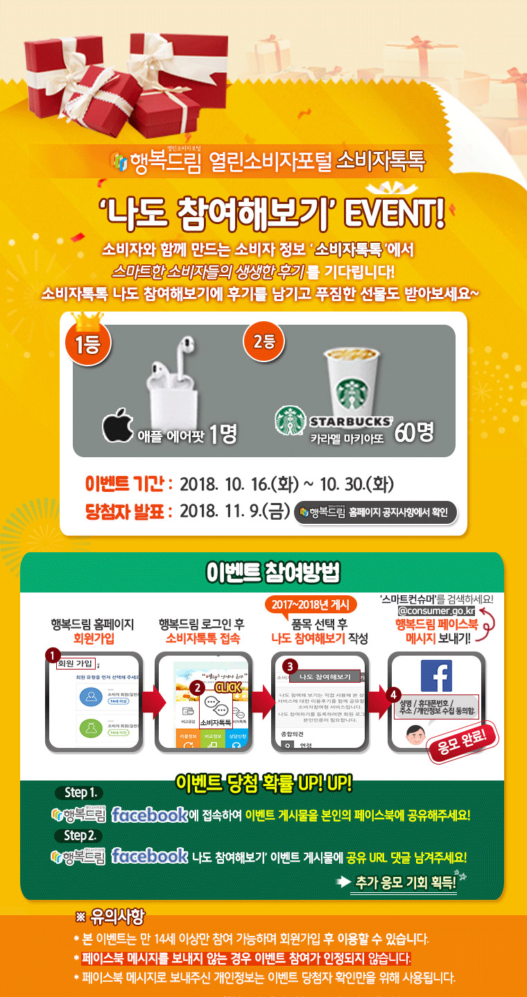 행복드림 열린소비자포털 소비자톡톡 나도참여해보기 이벤트 소비자와 함께 만드는 소비자 정보 소비자톡톡에서 스마트한 소비자들의 생생한 후기를 기다립니다! 소비자톡톡 나도 참여해보기에 후기를 남기고 푸짐한 선물도 받아보세요