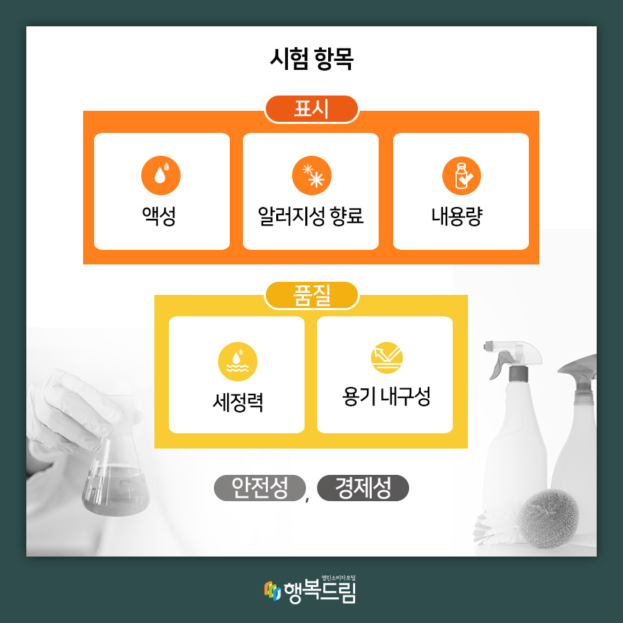 시험 항목 (표시)액성, 알러지성 향료, 내용량 (품질)세정력, 용기 내구성 안전성, 경제성