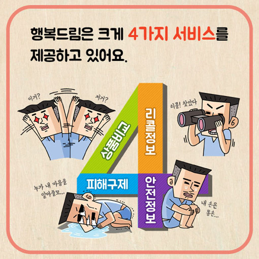 행복드림은 크게 4가지 서비스를 제공하고 있어요. 리콜정보 안전정보 상품비교 피해구제