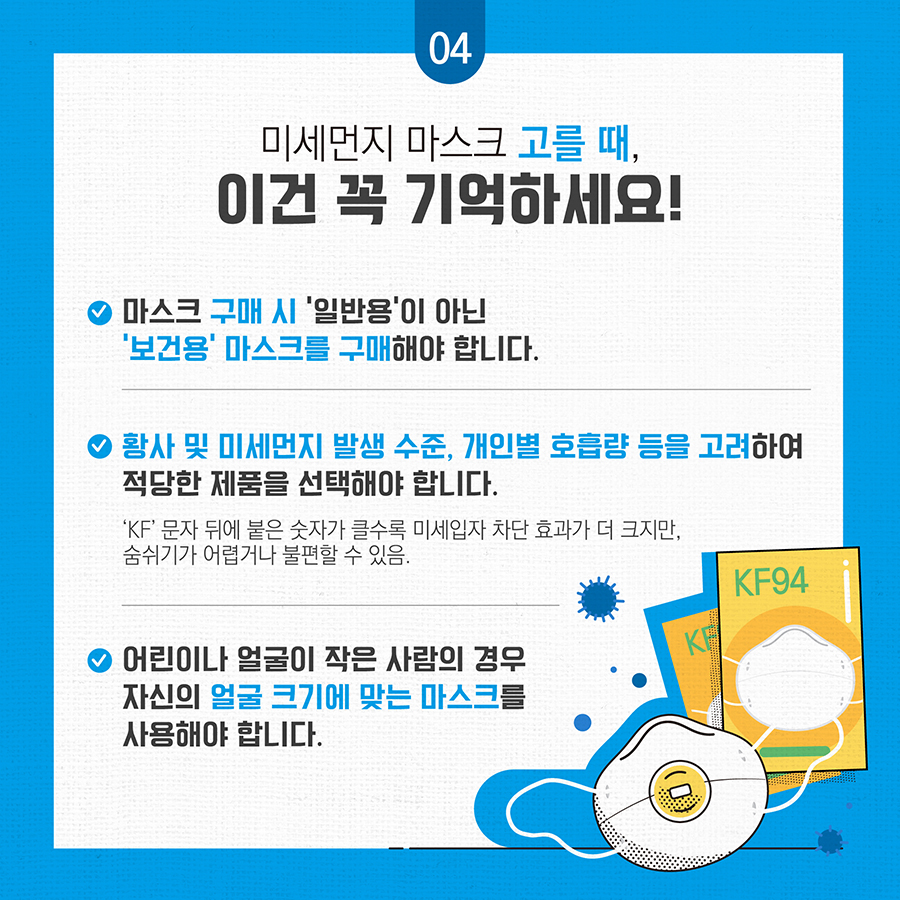 미세먼지 마스크 고를 때, 이건 꼭 기억하세요! 마스크 구매 시 '일반용'이 아닌 '보건용' 마스크를 구매해야 합니다. 황사 및 미세먼지 발생 수준, 개인별 호훕량 등을 고려하여 적당한 제품을 선택해야 합니다. 'kf' 문자 뒤에 붙은 숫자가 클수록 미세입자 차단 효과가 더 크지만, 숨쉬기가 어렵거나 불편할 수 있음. 어린이나 얼굴이 작은 사람의 경우 자신의 얼굴 크기에 맞는 마스크를 사용해야 합니다. 