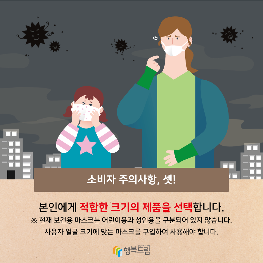 소비자 주의사항, 셋! 본인에게 적합한 크기의 제품을 선택합니다. ※ 현재 보건용 마스크는 어린이용과 성인용을 구분되어 있지 않습니다. 사용자 얼굴 크기에 맞는 마스크를 구입하여 사용해야 합니다.