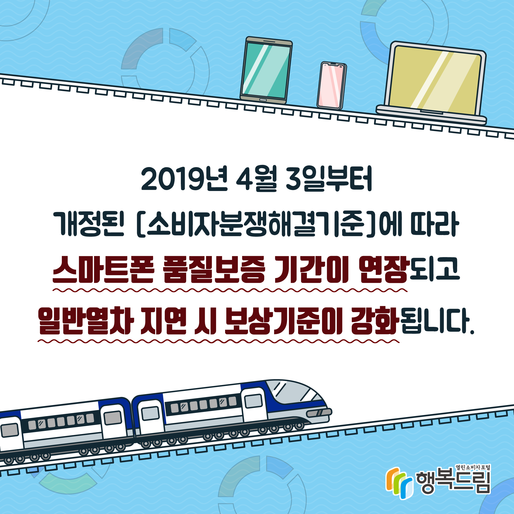 2019년 4월 3일부터 개정된 [소비자분쟁해결기준]에 따라 스마트폰 품질보증 기간이 연장되고 일반열차 지연 시 보상기준이 강화됩니다.