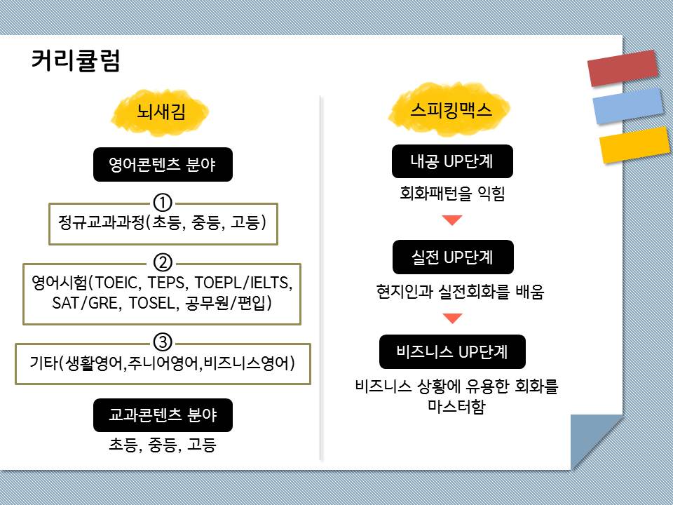 4개의 영어회화 브랜드의 커리큘럼은 다음과 같다. 뇌새김은 분야별 커리큘럼을 제공한다. 크게 영어콘텐츠와 교과컨텐츠 두 분야로 커리큘럼이 나뉘는데, 영어콘텐츠 분야에서는 정규교과과정으로 초,중,고 대상으로 나뉘고, 토익, 텝스, 토플과 아이엘츠, SAT와 GRE, TOSEL,공무원시험과 편입시험과 같은 영어시험, 기타 생활영어나 주니어영어, 비지니스 영어를 다루고 있다. 교과컨텐츠 분야에서는 초등, 중등, 고등에 따른 컨텐츠를 제공한다. 스피킹맥스는 난이도별 커리큘럼으로 내공up단계에서 회화패턴을 익히고 실전up단계에서 현지인과 실전회화를 배우고 비즈니스up단계에서 비즈니스 상황에 유용한 회화를 마스터할 수 있는 커리큘럼을 제공한다. 