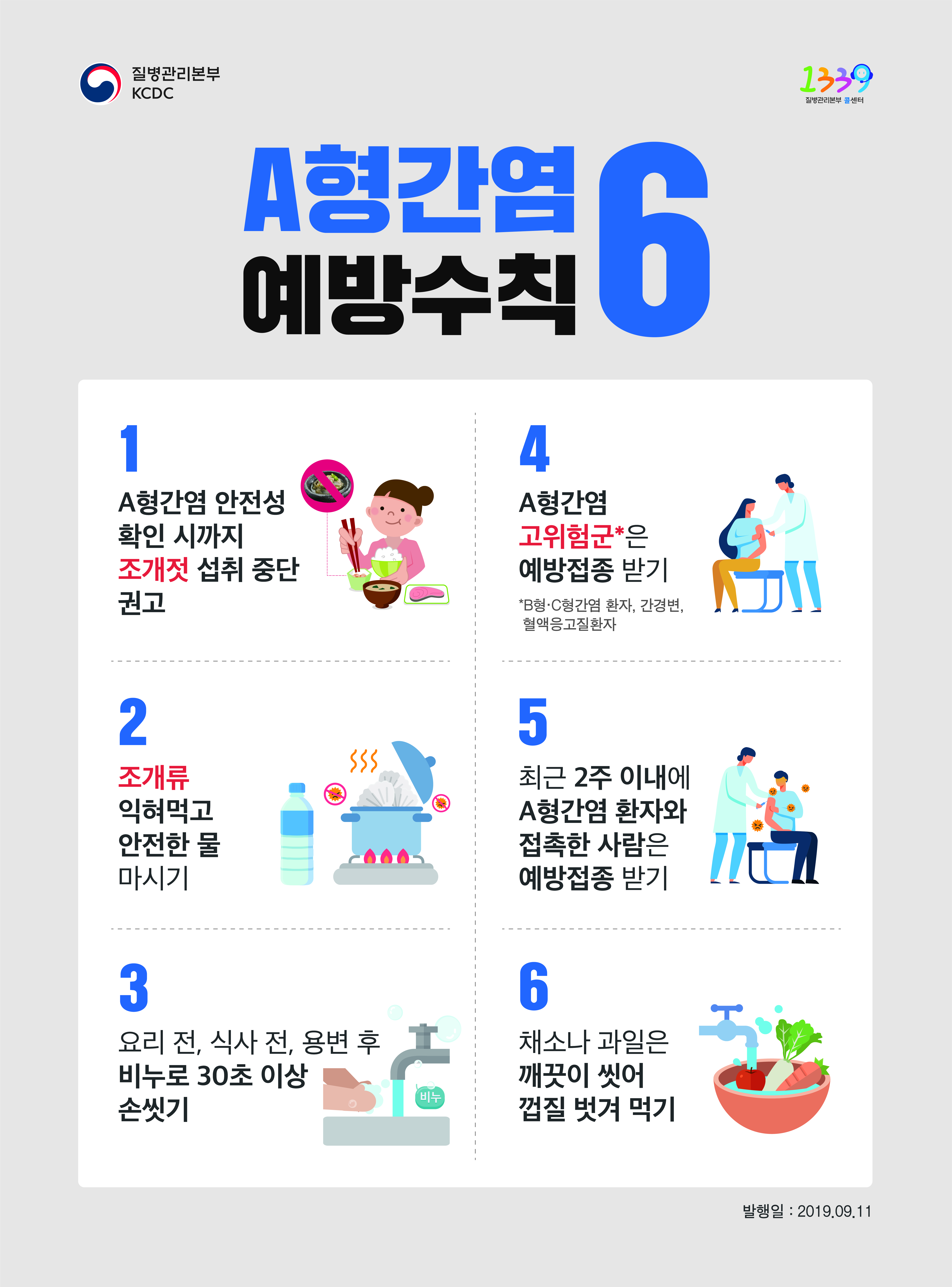 ■ A형간염 예방수칙 6 1. A형간염 안전성 확인 시까지 조개젓 섭취 중단 권고 2. 조개류 익혀먹고 안전한 물 마시기 3. 요리 전, 식사 전, 용변 후 비누로 30초 이상 손씻기 4. A형간염 고위험군*은 예방접종 받기 *B형·C형간염 환자, 간경변, 혈액응고질환자 5. 최근 2주 이내에 A형간염 환자와 접촉한 사람은 예방접종 받기 6. 채소나 과일은 깨끗이 씻어 껍질 벗겨 먹기 