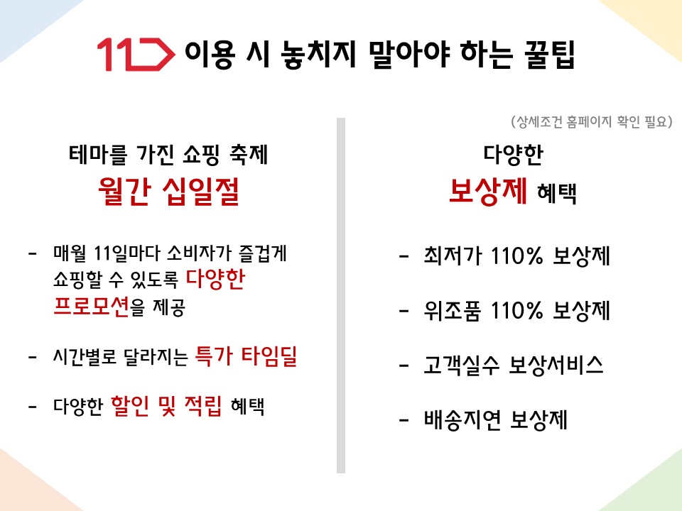 1. 11번가 이용 시 놓치지 말아야 하는 꿀팁   1) 테마를 가진 쇼핑 축제 월간 십일절 - 매월 11일마다 소비자가 즐겁게 쇼핑을 할 수 있도록 다양한 프로모션을 제공 - 시간별로 달라지는 특가 타임딜 - 다양한 할인 및 적립 혜택   2) 다양한 보상제 혜택(상세조건 홈페이지 확인 필요) - 최저가 110% 보상제 - 위조품 110% 보상제 - 고객실수 보상서비스 - 배송지연 보상제