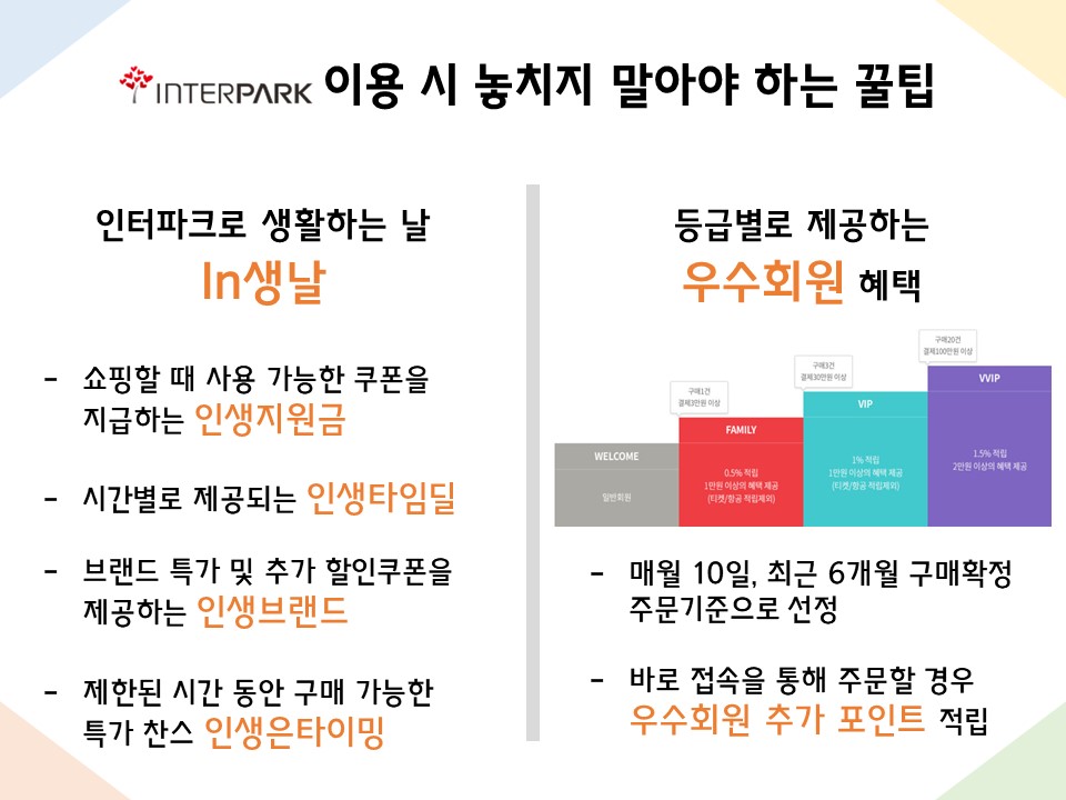 인터파크 이용 시 놓치지 말아야 하는 꿀팁   1) 인터파크로 생활하는 날 In생날 - 쇼핑할 때 사용 가능한 쿠폰을 지급하는 인생지원금 - 시간별로 제공되는 인생타임딜 - 브랜드 특가 및 추가 할인쿠폰을 제공하는 인생브랜드 - 제한된 시간 동안 구매 가능한 특가 찬스 인생은타이밍   2) 등급별로 제공하는 우수회원 혜택 (인터파크 회원등급 조건 및 혜택 사진) - 매월 10일, 최근 6개월 구매확정 주문기준 선정 - 바로 접속을 통해 주문할 경우 우수회원 추가 포인트 적립