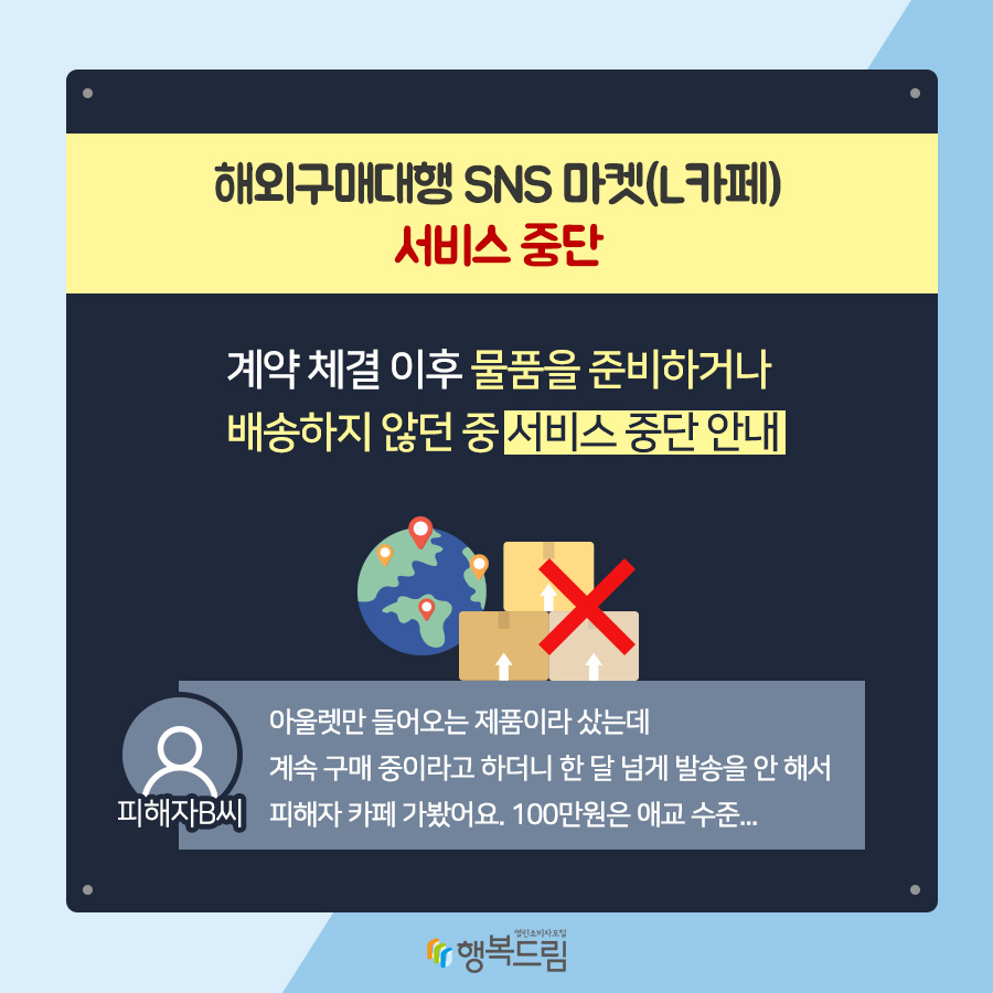 해외구매대행 SNS마켓 L카페 서비스 중단 계약 체결 이후 물품을 준비하거나 배송하지 않던 중 서비스 중단 안내 피해자B씨 아울렛만 들어오는 제품이라 샀는데 계속 구매 중이라고 하더니 한 달 넘게 발송을 안해서 피해자 카페에 가봤어요 100만원은 애교 수준 행복드림 열린소비자포털