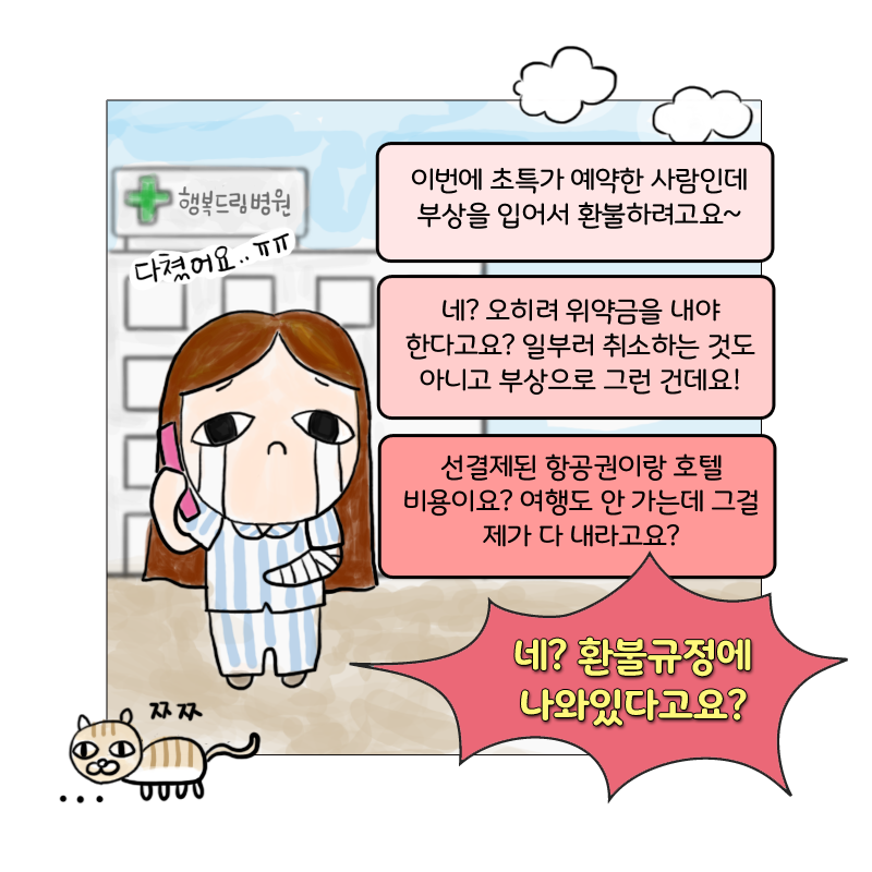 이번에 초특가 예약한 사람인데 부상을 입어서 환불하려고요~ 네? 오히려 위약금을 내야 한다고요? 일부러 취소한 것도 아니고 부상으로 그런 건데요! 선결제된 항공권이랑 호텔 비용이요? 여행도 안 가는데 그걸 제가 다 내라고요? 네? 환불규정에 나와있다고요?