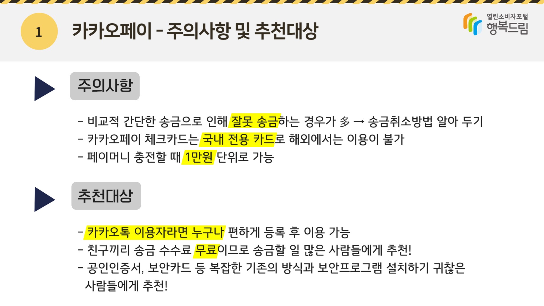 <주의사항 및 추천대상>◾주의사항  - 비교적 간단한 송금으로 인해 잘못 송금하는 경우가 多 → 송금취소방법 알아두기 - 카카오페이 체크카드는 국내 전용 카드로 해외에서는 이용이 불가 - 페이머니 충전할 때 1만원 단위로 가능 ◾추천대상 - 카카오톡 이용자라면 누구나 편하게 등록 후 이용 가능 - 친구끼리 송금 수수료 무료이므로 송금할 일 많은 사람들에게 추천! - 공인인증서, 보안카드 등 복잡한 기존의 방식과 보안프로그램 설치하기 귀찮은 사람들에게 추천!