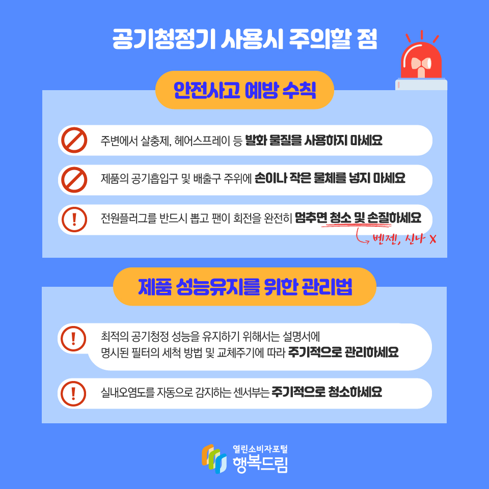 공기청정기 사용시 주의할 점 인전사고 예방 수칙 주변에서 살충제, 헤어스프레이 등 발화 물질을 사용하지 마세요 제품의 공기흡입구 및 배출구 주위에 손이나 작은 물체를 넣지 마세요 전원플러그를 반드시 뽑고 팬이 회전을 완전히 멈추면 청소 및 손질(벤젠, 신나X)하세요 제품 성능 유지를 위한 관리법 최적의 공기청정 성능을 유지하기 위해서는 설명서에 명시된 필터의 세척 방법 및 교체주기에 따라 주기적으로 관리하세요 실내오염도를 자동으로 감지하는 센서부는 주기적으로 청소하세요