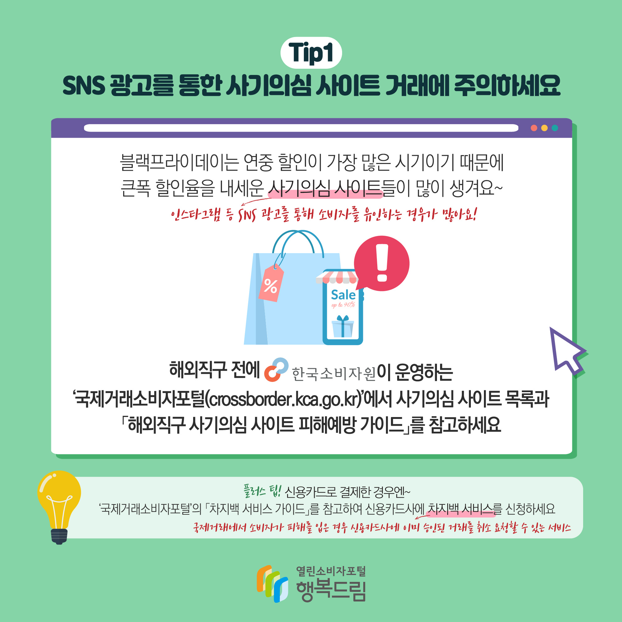 Tip1 SNS 광고를 통한 사기의심 사이트 거래에 주의하세요 블랙프라이데이 연중 할인이 가장 많은 시기이기 때문에 큰폭 할인율을 내세운 사기의심 사이트(인스타그램 등 SNS 광고를 통해 소비자를 유인하는 경우가 많아요!)들이 많이 생겨요~ 해외직구 전에 한국 소비자원이 운영하는 '국제거래소비자포털(crossborder.kca.go.kr)'에서 사기의심 사이트 목록과 「해외직구 사기의심 사이트」피해예방 가이드를 참고하세요 플러스팁! 신용카드로 결제한 경우엔~ '국제거래소비자포털'의「차지백 서비스 가이드」를 참고하여 신용카드사에 차지백 서비스를 신청하세요 국제거래에서 소비자가 피해를 입은 경우 신용카드사에 이미 승인된 거래를 취소 요청할 수 있는 서비스 