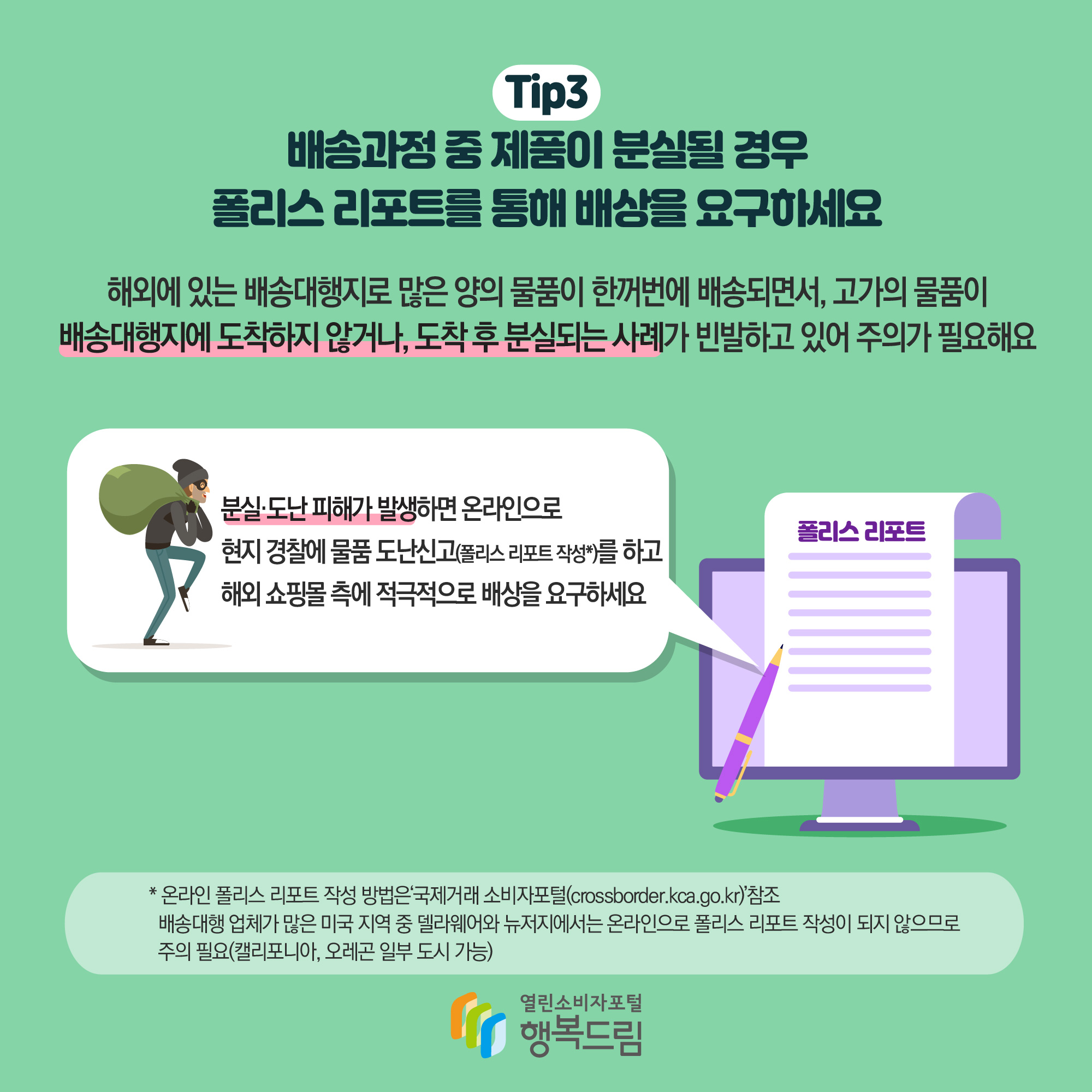  Tip3배송과정 중 제품이 분실될 경우 폴리스 리포트를 통해 배상을 요구하세요 해외에 있는 배송대행지로 많은 양의 물품이 한꺼번에 배송되면서, 고가의 물품이 배송대행지에 도착하지 않거나, 도착 후 분실되는 사례가 빈발하고 있어 주의가 필요해요 분실·도난 피해가 발생하면 온라인으로 현지 경찰에 물품 도난신고(폴리스 리포트 작성)를 하고 해외 쇼핑몰 측에 적극적으로 배상을 요구하세요 온라인 폴리스 리포트 작성 방법은 ‘국제거래 소비자포털(crossborder.kca.go.kr)’ 참조 단, 미국 지역 중 델라웨어와 뉴저지에서는 온라인으로 폴리스 리포트 작성이 되지 않으므로 주의 필요(캘리포니아, 오레곤 일부 도시 가능)