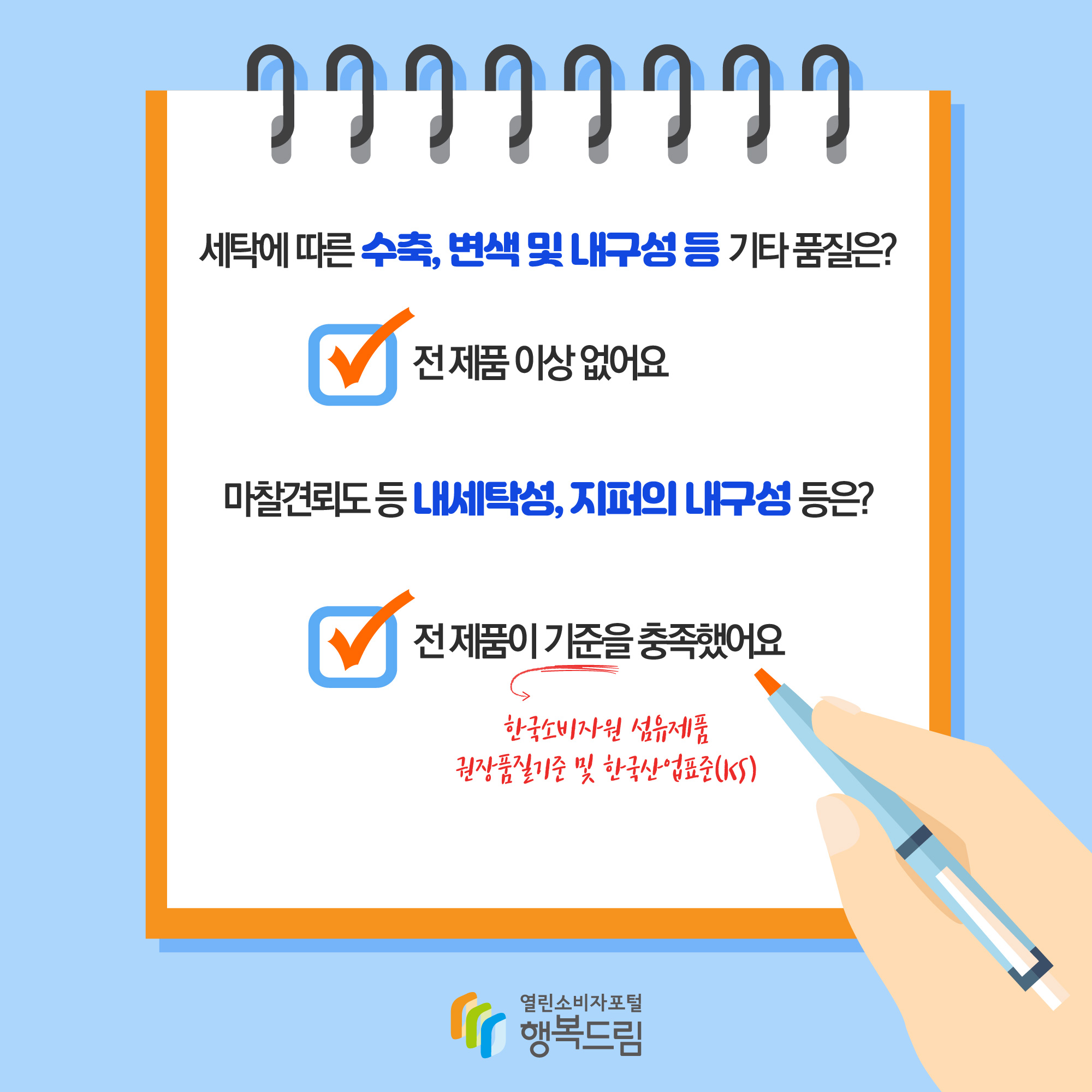 세탁에 따른 수축, 변색 및 내구성 등 기타품질은? 전 제품 이상 없어요 마찰견뢰도 등 내세탁성, 지퍼의 내구성 등은? 전 제품이 기준(한국소비자원 섬유제품권장품질기준 및 한국산업표준(KS)을 충족했어요