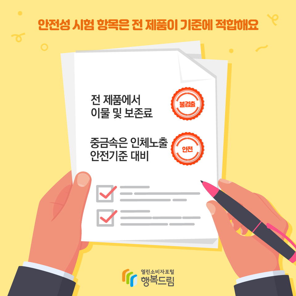 안전성 시험 항목은 전 제품이 기준에 적합해요 전 제품에서 이물 및 보존료 불검출 중금속은 인체노출 안전기준 대비 안전