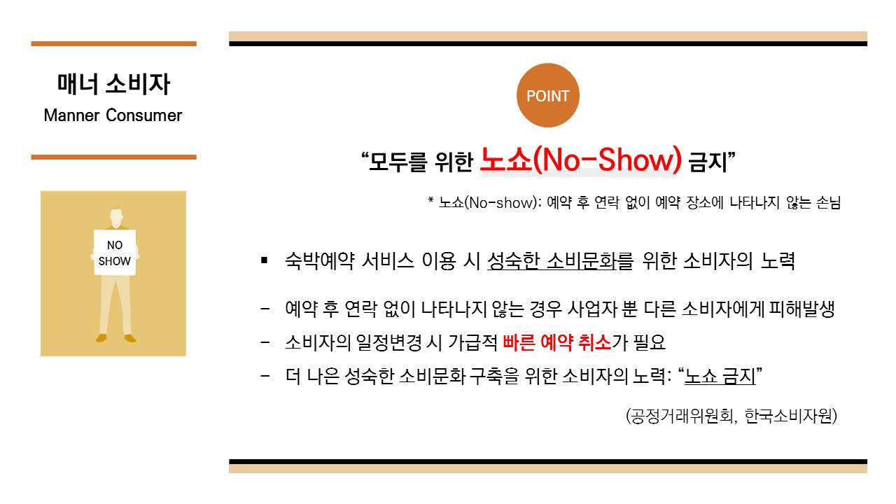 또한 국내숙박 예약서비스를 이용 시 소비자는 매너 소비자가 되기 위해 노쇼를 금지해야 합니다. 노쇼란 예약 후 연락 없이 예약장소에 나타나지 않는 손님을 말합니다.  숙박예약 서비스 이용 시 성숙한 소비문화를 위해 노력해야 합니다.  예약 후 연락 없이 나타나지 않는 경우 사업자 뿐 아니라 다른 소비자에게 피해가 발생할 수 있습니다. 이럴 경우를 예방하기 위해 소비자의 일정이 변경될 시 가급적 빠른 예약 취소가 필요합니다.  