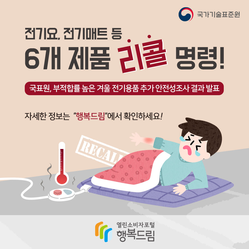 전기요,전기매트 등 6개 제품리콜명령 국표원,부적합률 높은 겨울 전기용품 추가 안전성조사 결과 발표 자세한 정보는 