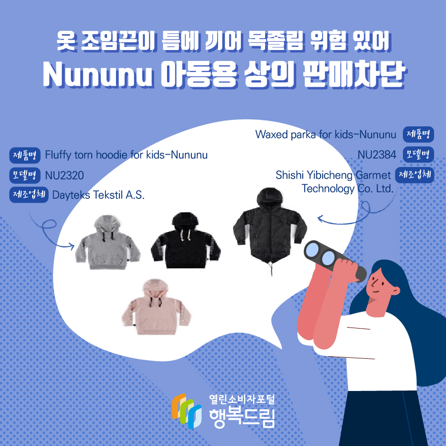 옷 조임끈이 틈에 끼어 목졸림 위험 있어Nununu 아동용 상의 판매차단 제품명: Fluffy torn hoodie for kids-Nununu 모델명: NU2320 제조업체 : Dayteks Tekstil A.S. 제품명: Waxed parka for kids-Nununu 모델명: NU2384 제조업체 : Shishi Yibicheng Garmet Technology Co. Ltd. 