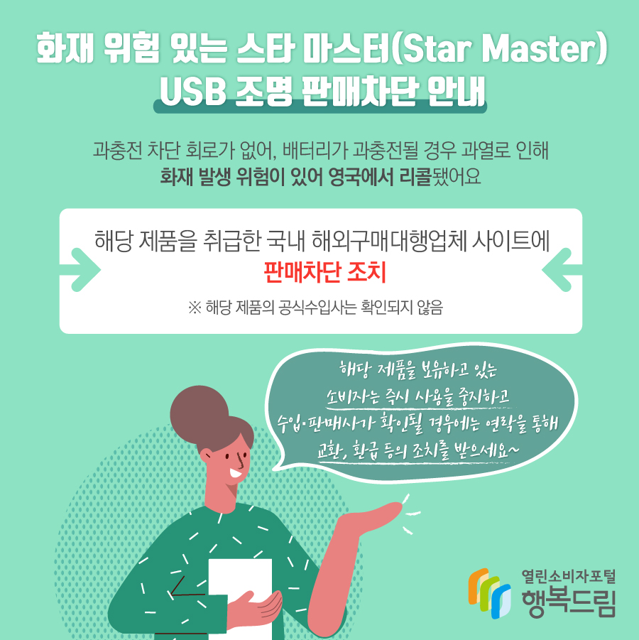 화재 위험 있는 스타 마스터(Star Master) USB 조명 판매차단 안내, 과충전 차단 회로가 없어, 배터리가 과충전될 경우 과열로 인해 화재 발생 위험이 있어 영국에서 리콜됐어요. 해당 제품을 취급한 국내 해외구매대행업체 사이트에 판매차단 조치  ※ 해당 제품의 공식수입사는 확인되지 않음. 해당 제품을 보유하고 있는 소비자는 즉시 사용을 중지하고 수입·판매사가 확인될 경우에는 연락을 통해 교환, 환급 등의 조치를 받을 것