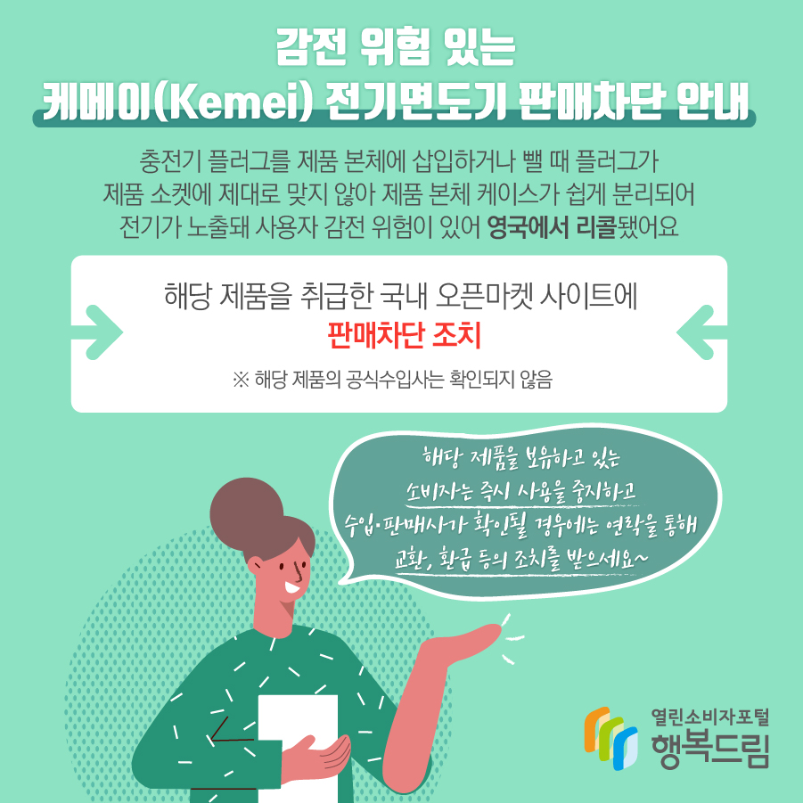 감전 위험 있는 케메이(Kemei) 전기면도기 판매차단 안내.  충전기 플러그를 제품 본체에 삽입하거나 뺄 때 플러그가 제품 소켓에 제대로 맞지 않아 제품 본체 케이스가 쉽게 분리되어 전기가 노출돼 사용자 감전 위험이 있어 영국에서 리콜됐어요. 해당 제품을 취급한 국내 오픈마켓 사이트에 판매차단 조치. 해당 제품을 보유하고 있는 소비자는 즉시 사용을 중지하고 수입·판매사가 확인될 경우에는 연락을 통해 교환, 환급 등의 조치를 받으세요  ※ 해당 제품의 공식수입사는 확인되지 않음