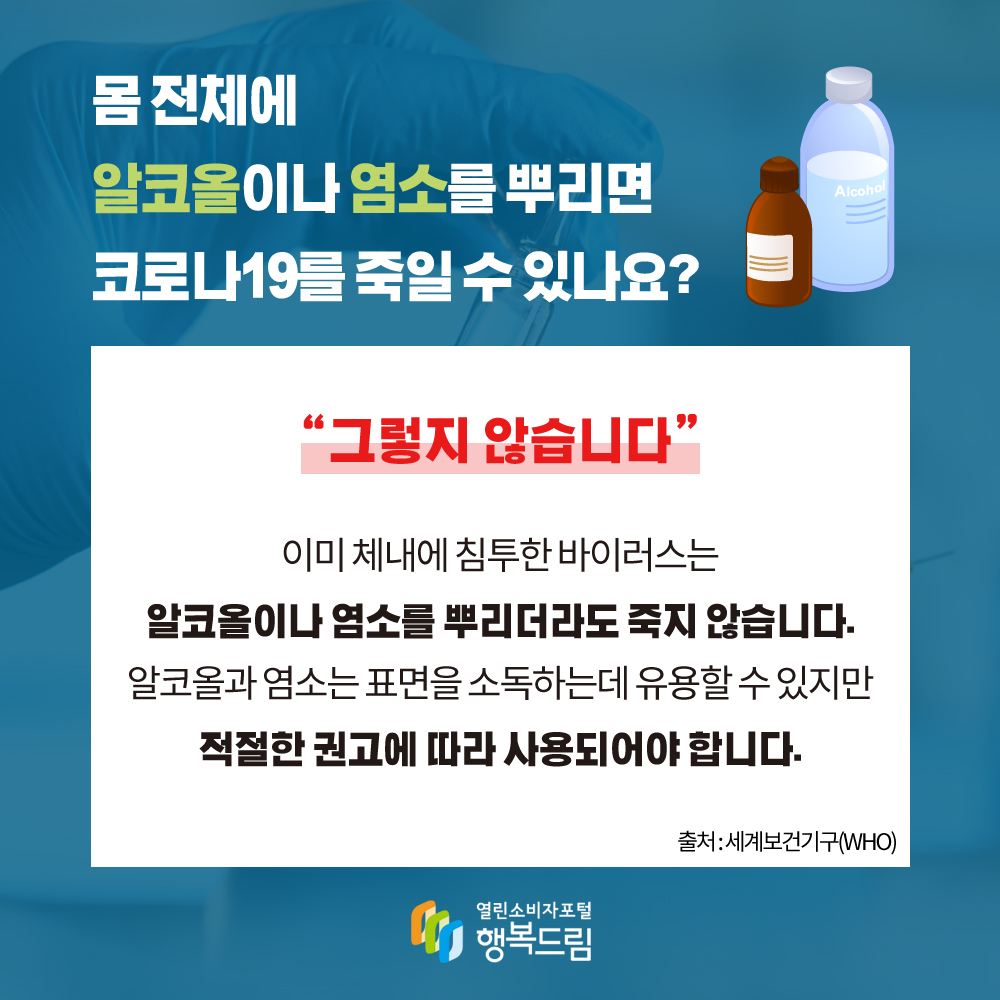 몸 전체에 알코올이나 염소를 뿌리면 코로나19를 죽일 수 있나요 그렇지 않습니다 이미 체내에 침투한 바이러스는 알코올이나 염소를 뿌리더라도 죽지 않습니다 알코올이나 염소는 표면을 소독하는데 유용할 수 있지만 적절한 권고에 따라 사용되어야 합니다 출처: 세계보건기구 WHO 행복드림 열린소비자포털