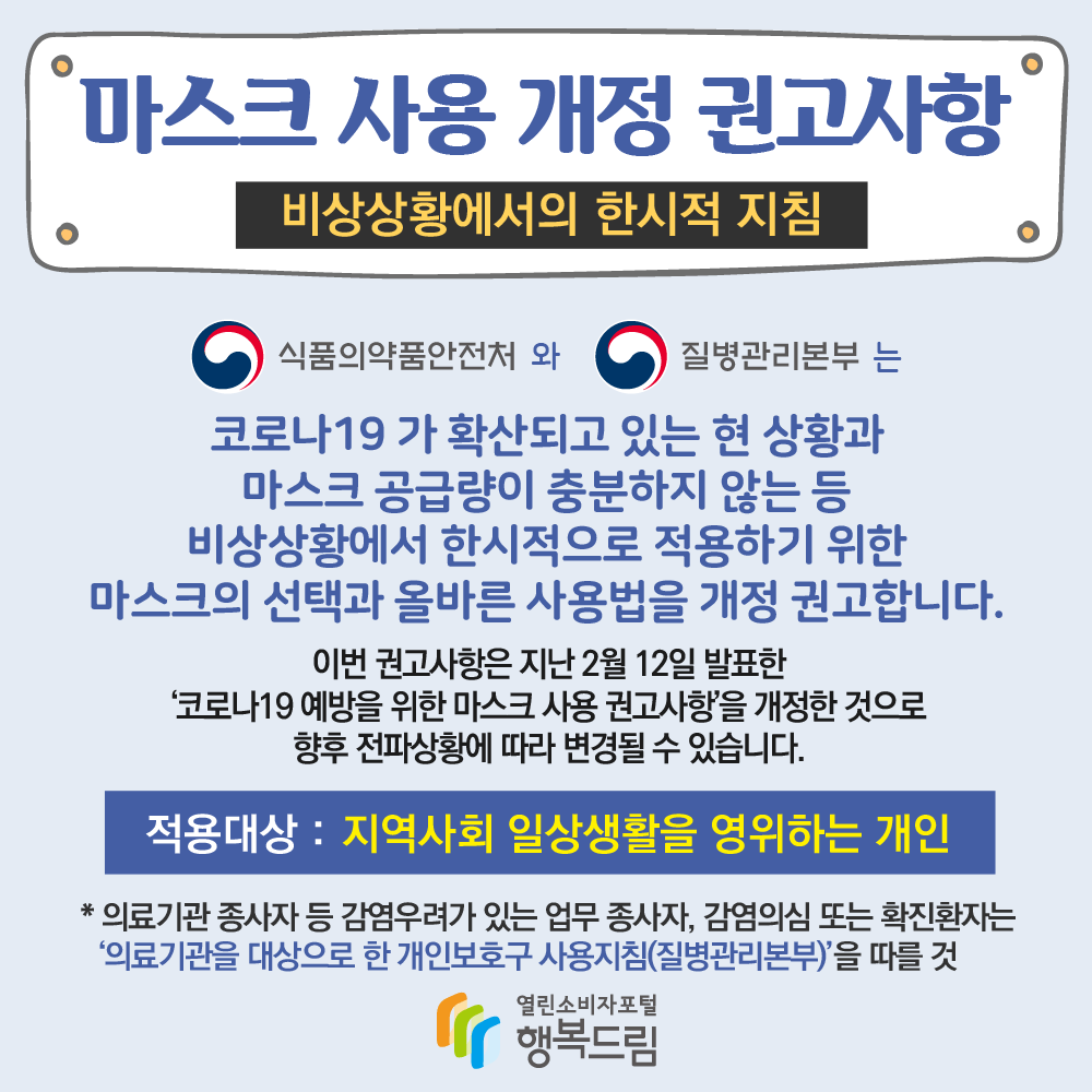 마스크 사용 개정 권고사항 비상상황에서의 한시적 지침 식품의약품안전처와 질병관리본부는 코로나19가 확산되고 있는 현 상황과 마스크 공급량이 충분하지 않는 등 비상상황에서 한시적으로 적용하기 위한 마스크의 선택과 올바른 사용법을 개정 권고합니다 이번 권고사항은 지난 2월 12일 발표한 코로나19 예방을 위한 마스크 사용 권고사항을 개정한 것으로 향후 전파상황에 따라 변경될 수 있습니다 적용대상 지역사회 일상생활을 영위하는 개인 의료기관 종사자 등 감염우려가 있는 업무 종사자 감염의심 또는 확진환자는 의료기관을 대상으로 한 개인보호구 사용지침 질병관리본부을 따를 것 행복드림 열린소비자포털