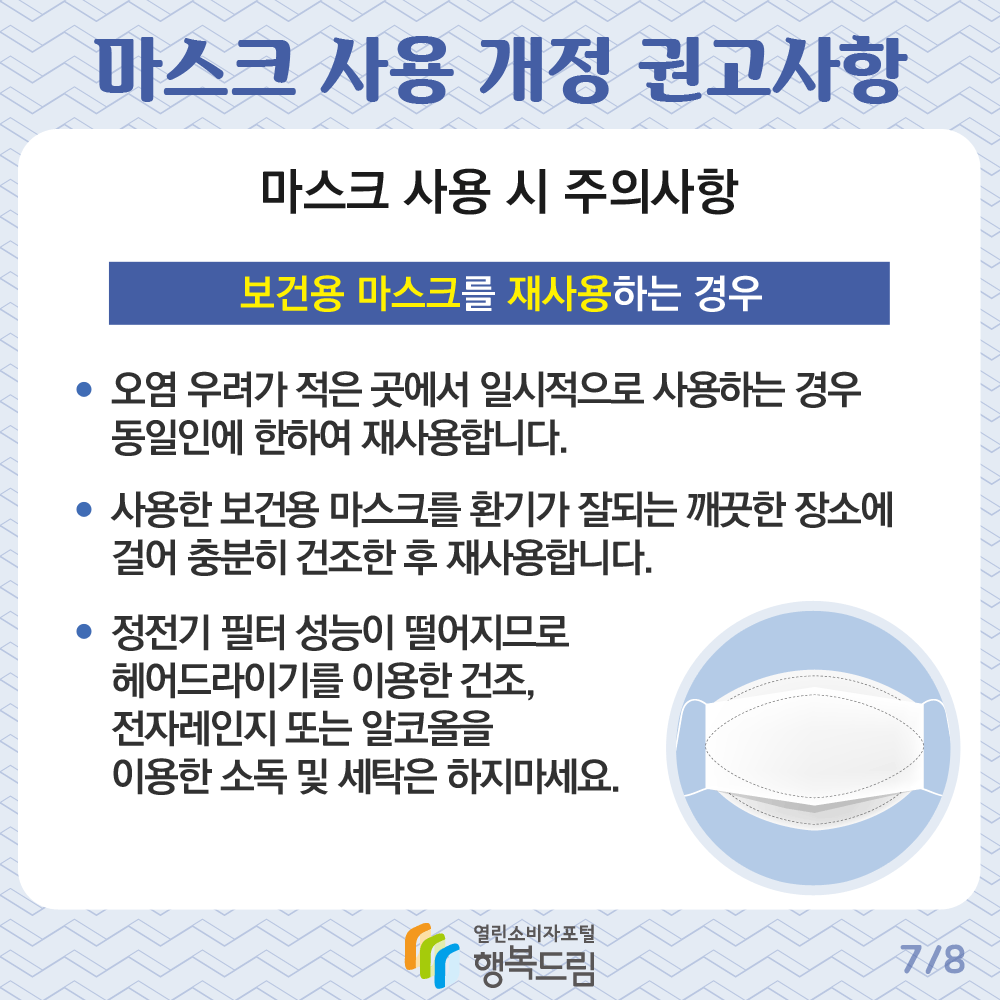 마스크 사용 개정 권고사항 마스크 사용 시 주의사항 보건용 마스크를 재사용하는 경우 오염 우려가 적은 곳에서 일시적으로 사용하는 경우 동일인에 한하여 재사용합니다 사용한 보건용 마스크를 환기가 잘되는 깨끗한 장소에 걸어 충분히 건조한 후 재사용합니다 정전기 필터 성능이 떨어지므로 헤어드라이기를 이용한 건조 전자레인지 또는 알코올을 이용한 소독 및 세탁은 하지 마세요 행복드림 열린소비자포털