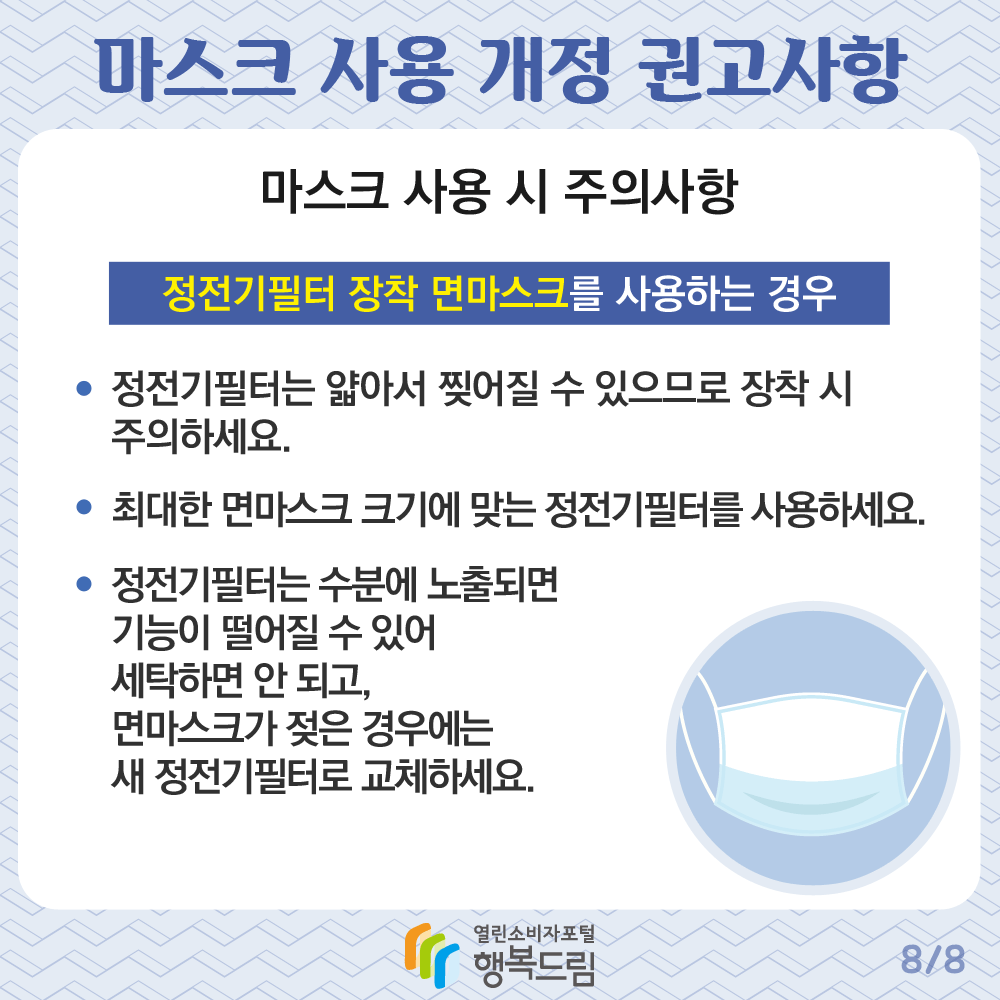 마스크 사용 개정 권고사항 마스크 사용 시 주의사항 정전기필터 장착 면마스크를 사용하는 경우 정전기필터는 얇아서 찢어질 수 있으므로 장착 시 주의하세요 최대한 면마스크 크기에 맞는 정전기필터를 사용하세요 정전기필터는 수분에 노출되면 기능이 떨어질 수 있어 세탁하면 안 되고 면마스크가 젖은 경우에는 새 정전기필터로 교체하세요 행복드림 열린소비자포털