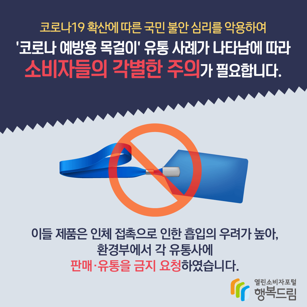 코로나19확산에 따른 국민 불안 심리를 악용하여 코로나 예방용 목걸이 유통 사례가 나타남에 따라 소비자들의 각별한 주의가 필요합니다 이들 제품은 인체 접촉으로 인한 흡입의 우려가 높아 환경부에서 각유통사에 판매 유통을 금지 요청하였습니다 행복드림 열린소비자포털 