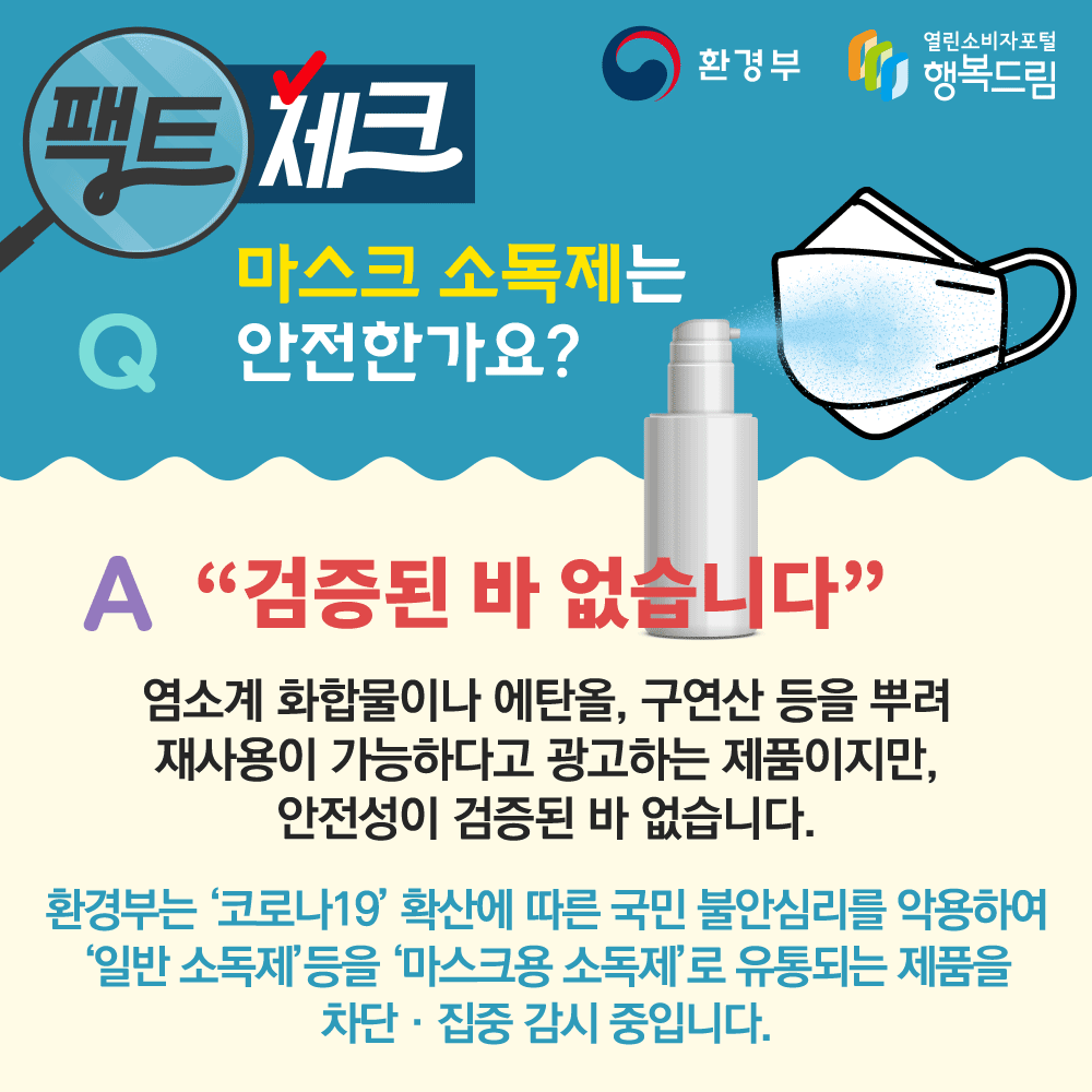 환경부 행복드림 열린소비자포털 팩트체크 Q 마스크 소독제는 안전한가요? A 검증된 바 없습니다. 염소계 화합물이나 에탄올, 구연산 등을 뿌려 재사용이 가능하다고 광고하는 제품이지만 안전성이 검증된 바 없습니다. 환경부는 코로나19 확산에 따른 국민 불안심리를 악용하여 일반 소독제 등을 마스크용 소독제로 유통되는 제품을 차단 집중 감시 중입니다