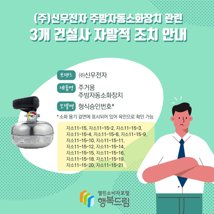 (주)신우전자 주방자동소화장치 관련 3개 건설사 자발적 조치 안내 | 위해정보 처리 속보 | 안전정보 | 상품·안전정보 | 소비자24 소비자24(옛... 