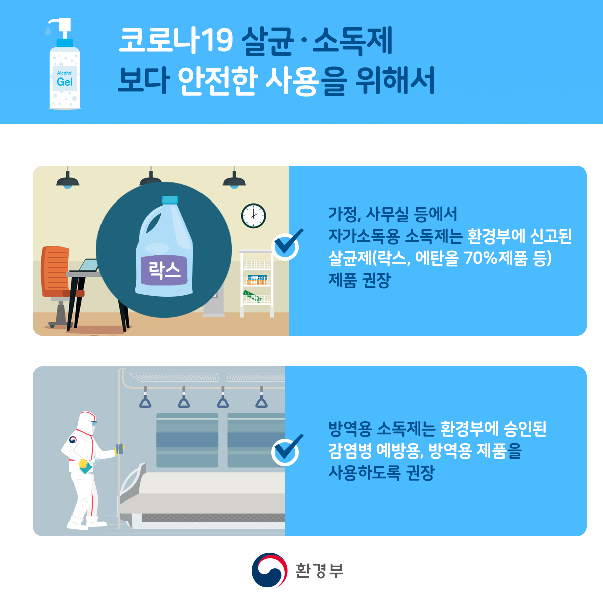 코로나19 살균소독제 보다 안전한 사용을 위해서 가정,사무실 등에서 자가소독용 소독제는 환경부에 신고된 살균제(락스, 에탄올 70%제품 등) 제품 권장 방역용 소독제는 환경부에 승인된 감염병 예방용, 방역용 제품을 사용하도록 권장 환경부