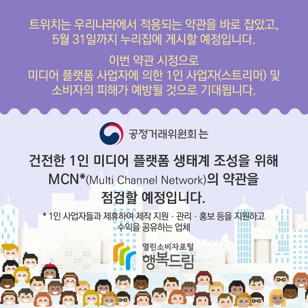 트위치는 우리나라에서 적용되는 약관을 바로 잡았고 5월 31일까지 누리집에 게시할 예정입니다 이번 약관 시정으로 미디어 플랫폼 사업자에 의한 1인 사업자 스트리머 및 소비자의 피해가 예방될 것으로 기대됩니다 공정거래위원회는 건전한 1인 미디어 플랫폼 생태계 조성을 위해 MCN*(multi channel network) 의 약관을 점검할 예정입니다 * 1인 사업자들과 제휴하여 제작 지원 관리 홍보 등을 지원하고 수익을 공유하는 업체 행복드림 열린소비자포털