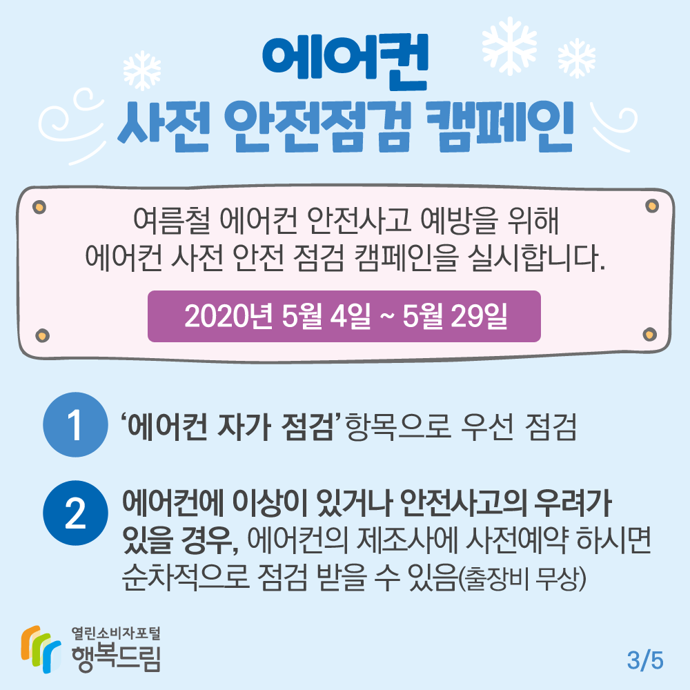 에어컨 사전 안전점검 캠페인 여름철 에어컨 안전사고 예방을 위해 에어컨 사전 안전 점검 캠페인을 실시합니다. 2020년 5월 4일 ~ 5월 29일 1. 에어컨 자가점검 항목으로 우선 점검 2. 에어컨에 이상이 있거나 안전사고의 우려가 있을 경우, 에어컨의 제조사에 사전예약 하시면 순차적으로 점검 받을 수 있음(출장비 무상) 행복드림 열린소비자포털