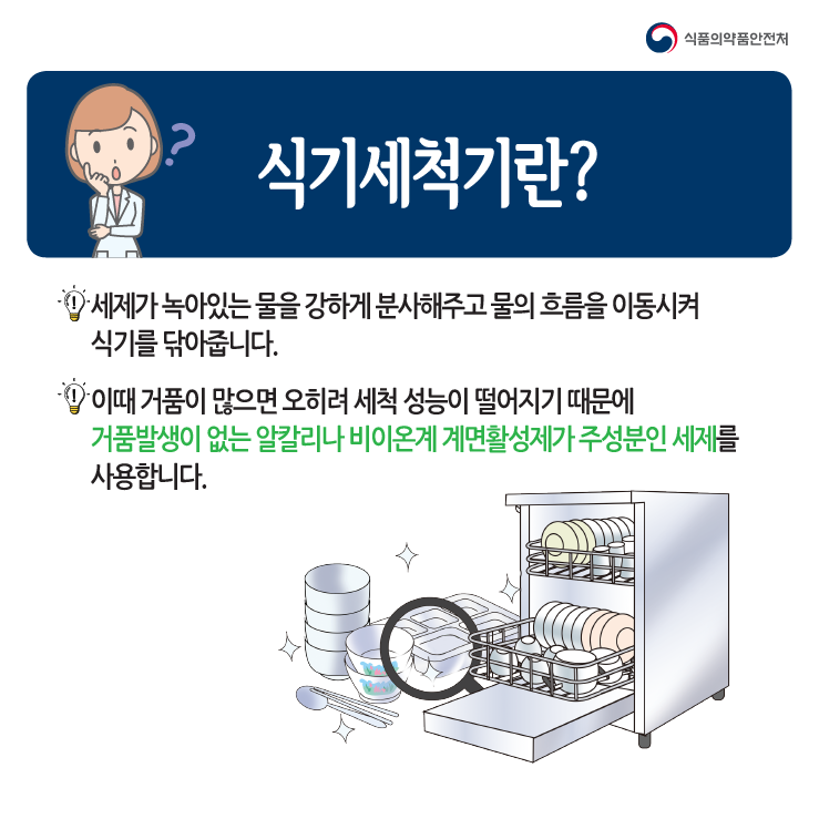 식기세척기란?세제가 녹아있는 물을 강하게 분사해주고 물의 흐름을 이동시켜 식기를 닦아줍니다.이때 거품이 많으면 오히려 세척 성능이 떨어지기 때문에 거품발생이 없는 알칼리나 비이온계 계면활성제가 주성분인 세제를 사용합니다.