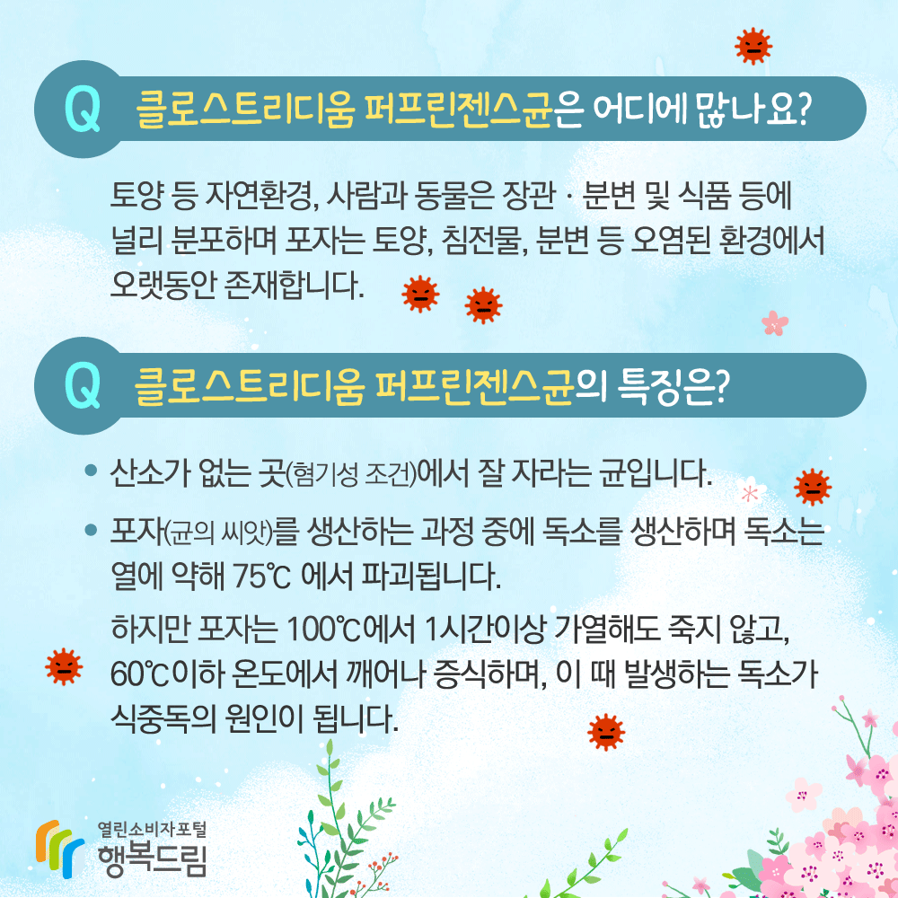 클로스트리디움 퍼프린젠스균은 어디에 많나요 토양 등 자연환경 사람과 동물은 장관 분변 및 식품 등에 널리 분포하며 포자는 토양 침전물 분변 등 오염된 환경에서 오랫동안 존재합니다 클로스트리디움 퍼프린젠스균의 특징은 산소가 없는 곳 혐기성 조건에서 잘 자라는 균입니다 포자 균의 씨앗을 생산하는 과정 중에 독소를 생산하며 독소는 열에 약해 75도씨에서 파괴됩니다 하지만 포자는 100도씨에서 1시간이상 가열해도 죽지 않고 60도씨이하 온도에서 깨어나 증식하며 이 때 발생하는 독소가 식중독의 원인이 됩니다 행복드림 열린소비자포털