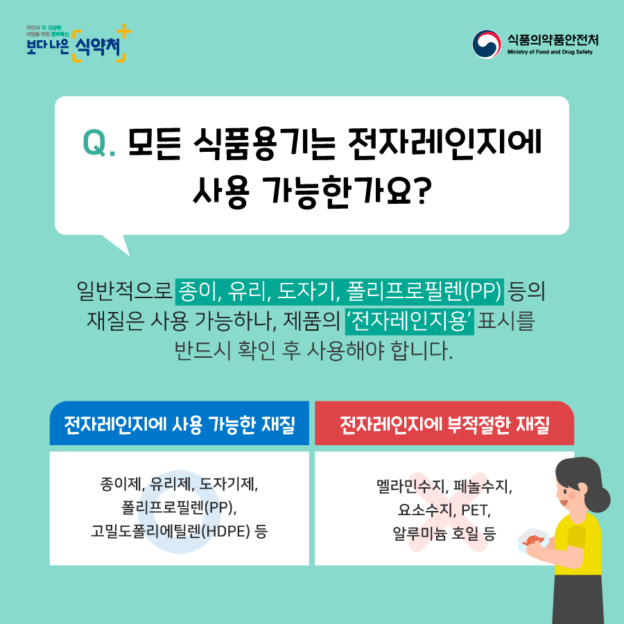 Q. 모든 식품용기는 전자레인지에 사용 가능한가요? 일반적으로 종이, 유리, 도자기, 폴리프로필렌(PP) 등의 재질은 사용 가능하나, 제품의 '전자레인지용' 표시를 반드시 확인 후 사용해야 합니다. 전자레인지에 사용 가능한 재질 종이제, 유리제, 도자기제, 폴리프로필렌(PP), 고밀도폴리에틸렌(HDPE) 등 전자레인지에 부적절한 재질 멜라민수지, 페놀수지, 요소수지, PET, 알루미늄 호일 등