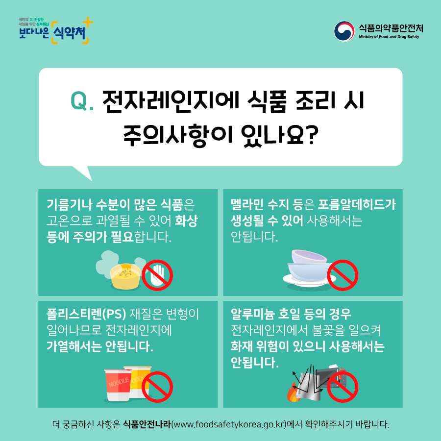 Q. 전자레인지에 식품 조리 시 주의사항이 있나요? 기름기나 수분이 많은 식품은 고온으로 과열될 수 있어 화상 등에 주의가 필요합니다. 멜라민 수지 등은 포름알데히드가 생성될 수 있어 사용해서는 안됩니다. 폴리스티렌(PS) 재질은 변형이 일어나므로 전자레인지에 가열해서는 안됩니다. 알루미뉼 호일 등의 경우 전자레인지에서 불꽃을 일으켜 화재 위험이 있으니 사용해서는 안됩니다. 더 궁금하신 사항은 식품안전나라(www.foodsafetykorea.go.kr)에서 확인해주시기 바랍니다.