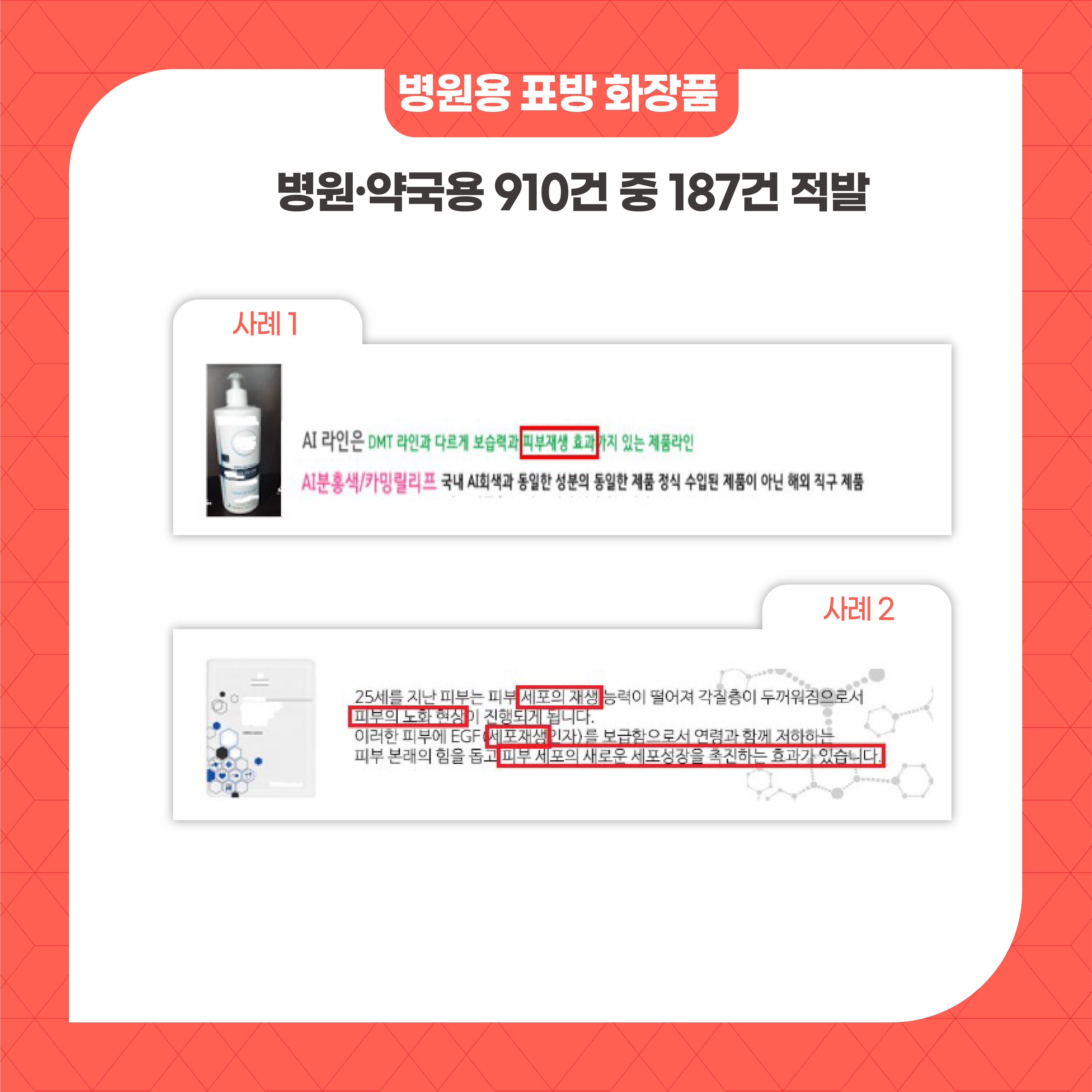 병원용 표방 화장품 병원 약국용 910건 중 187건 적발 사례1 사례2