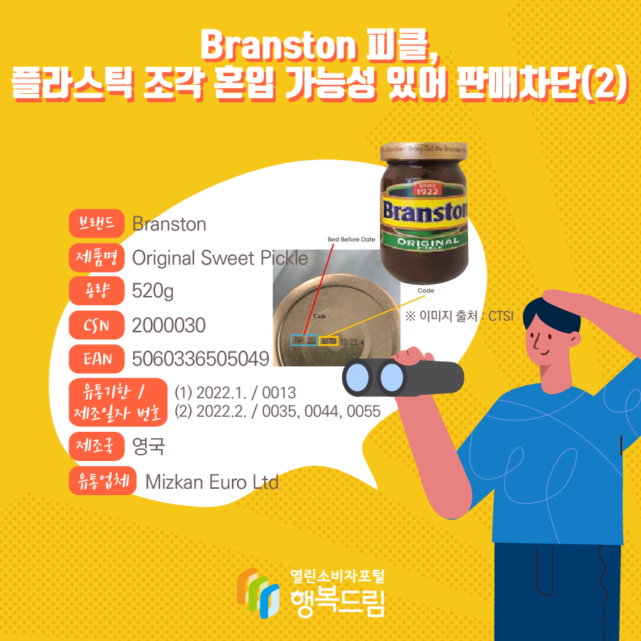  Branston 피클, 플라스틱 조각 혼입 가능성 있어 판매차단(2) 브랜드 Branston 제품명 Original Sweet Pickle 용량 520g CSN 2000030 EAN 5060336505049 유통기한 /  제조일자 번호 (1) 2022.1. / 0013 (2) 2022.2. / 0035, 0044, 0055  * 제품 뚜껑에 기재되어 있음(하단 제품 사진 부분 참고) 제조국 영국 유통업체 Mizkan Euro Ltd 