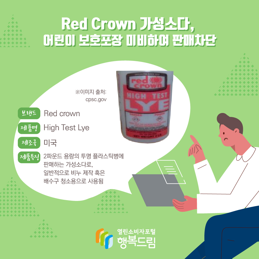 Red Crown 가성소다, 어린이 보호포장 미비하여 판매차단 브랜드 Red crown 제품명 High Test Lye 제조국 미국 제품특징 2파운드 용량의 투명 플라스틱병에 판매하는 가성소다로, 일반적으로 비누 제작 혹은 배수구 청소용으로 사용됨 ※이미지 출처: cpsc.gov
