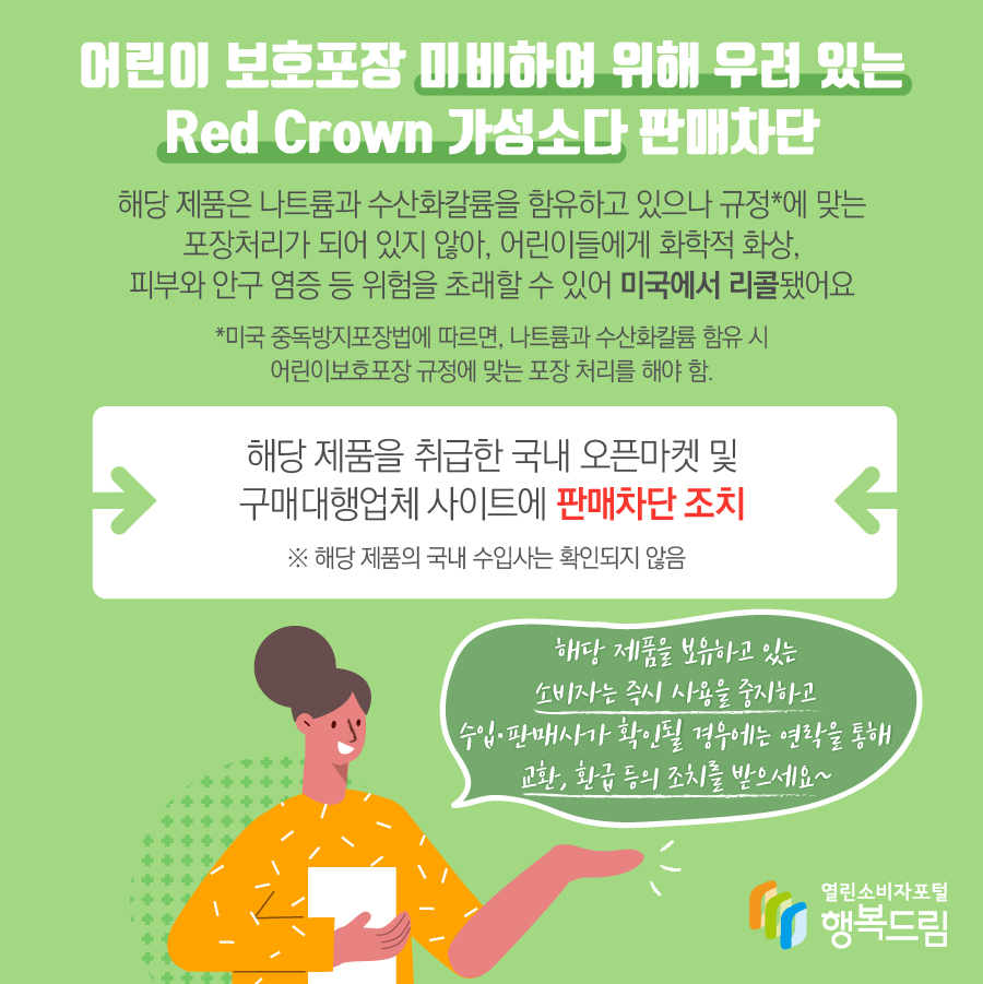 어린이 보호포장 미비하여 위해 우려 있는 Red Crown 가성소다 판매차단 해당 제품은 나트륨과 수산화칼륨을 함유하고 있으나 규정*에 맞는 포장처리가 되어 있지 않아, 어린이들에게 화학적 화상, 피부와 안구 염증 등 위험을 초래할 수 있어 미국에서 리콜됐어요 *미국 중독방지포장법에 따르면, 나트륨과 수산화칼륨 함유 시 어린이보호포장 규정에 맞는 포장 처리를 해야 함. 해당 제품을 취급한 국내 오픈마켓 및 구매대행업체 사이트에 판매차단 조치 ※ 해당 제품의 국내 수입사는 확인되지 않음 해당 제품을 보유하고 있는 소비자는 즉시 사용을 중지하고 수입·판매사가 확인될 경우에는 연락을 통해 교환, 환급 등의 조치를 받으세요~